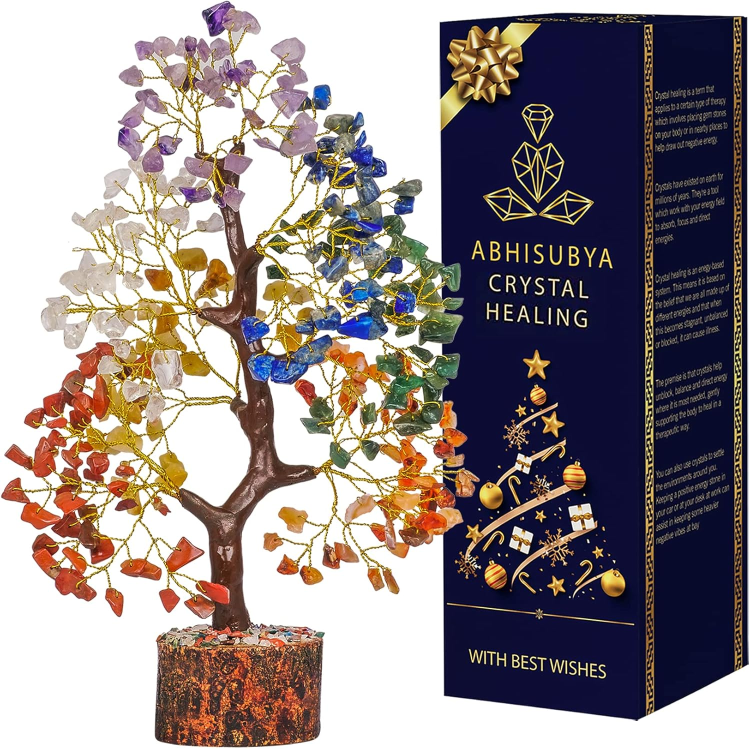 Seven Chakra Healing Gemstone Bonsai Money Tree Crystals Stone Chakra Reiki Feng Shui Gift Home Office Table Decor Wealth Health Prosperity Spiritual Gift Size -10 Inch (Golden Wire) image number 1