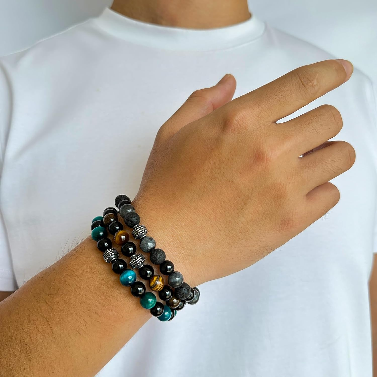 Nature Lava Stone Tigereye Black Brown Green Blue Bead Bracelet | 2 Sizes | Mens Womens Gift Pack Bracelets image number 6