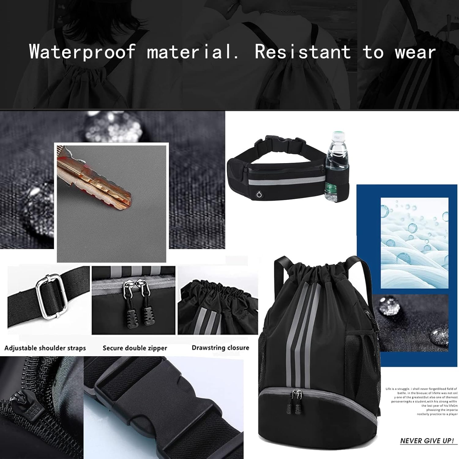 Drawstring Backpack Drawstring Fitness Bag Durable Nylon Basketball Football Storage Bag with Shoe Storage with Water Cup Storage Waist Bag