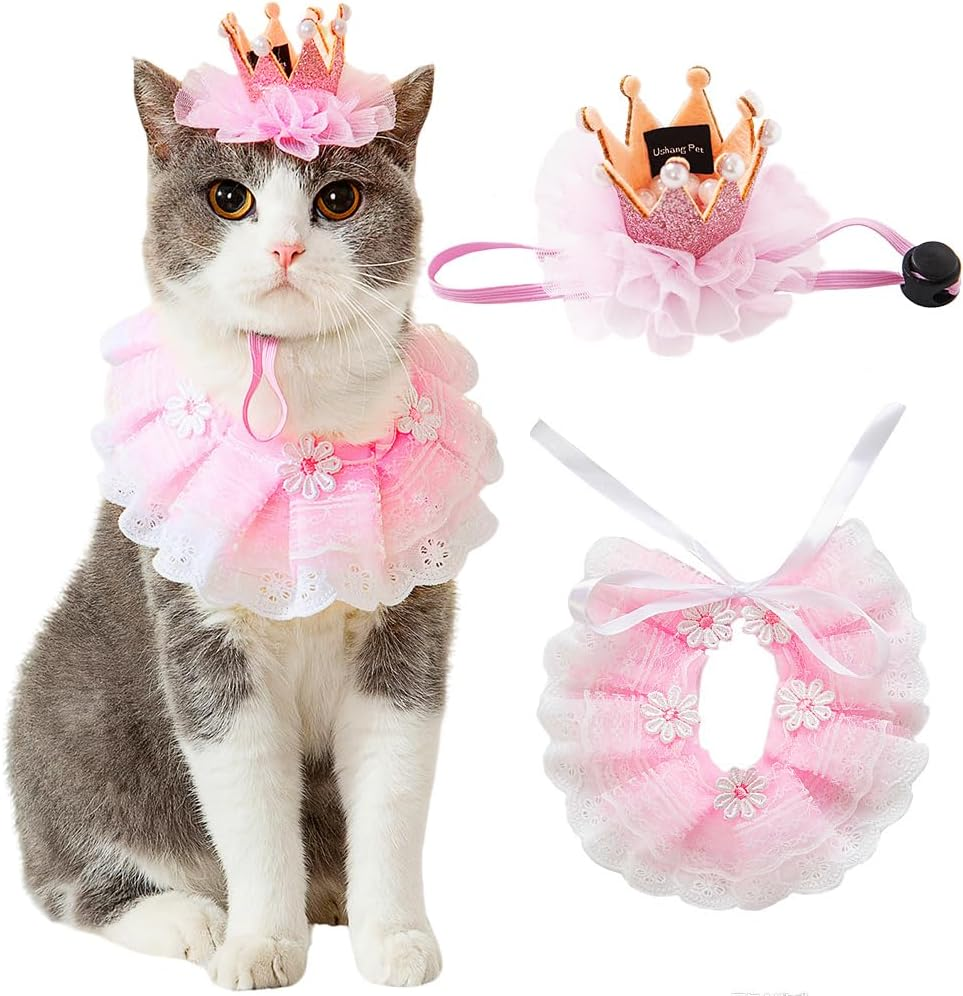 4Pcs Cat Birthday Crown Hat for Cats & Cat Lace Bandana Pink Princess Costumes for Cats Birthday Party & Pink Happy Birthday Crown Banner & Crown Cake Toppers with NO. 0-10 image number 1