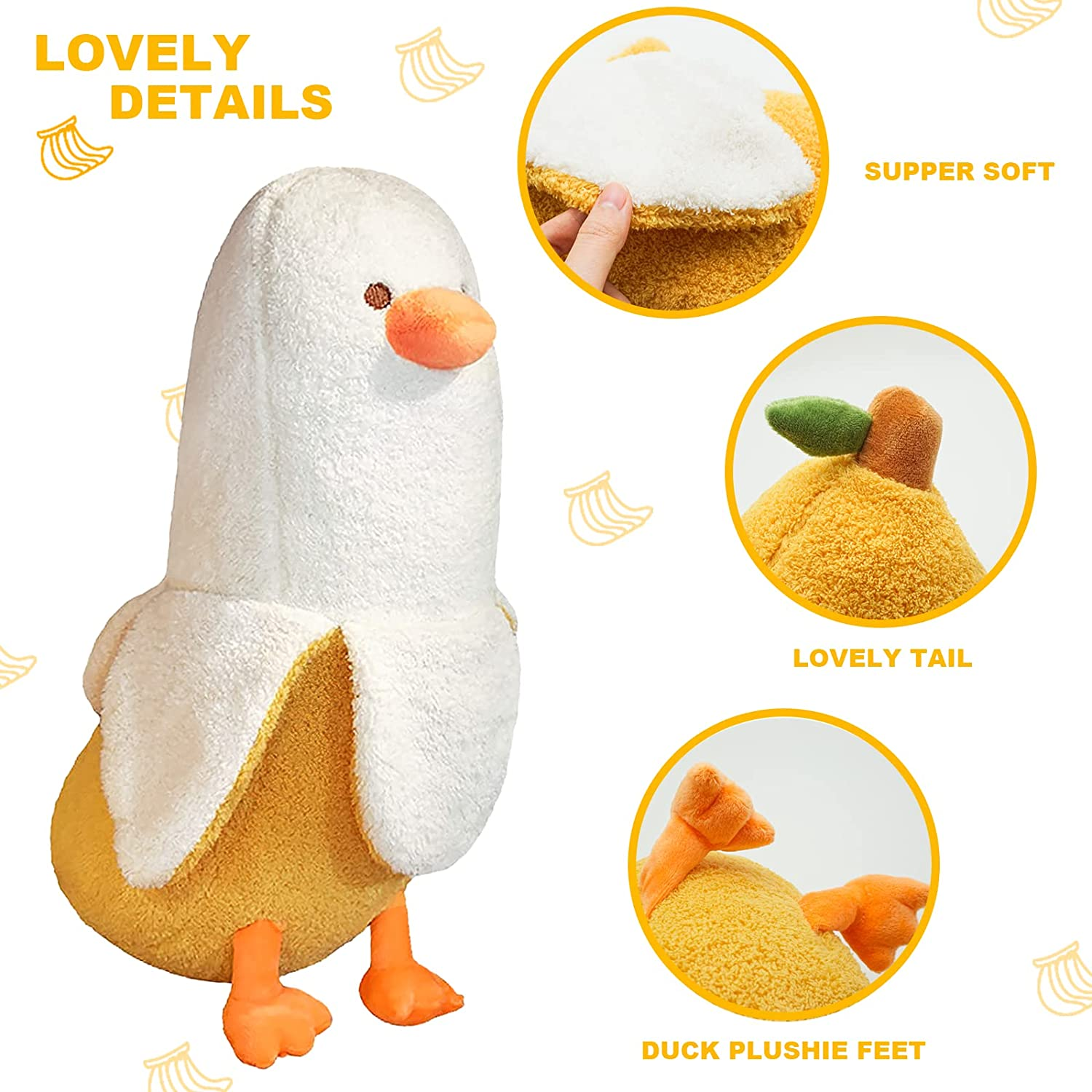 PEACHCAT Banana Duck Plush Toy Cute Plushie Hugging Plush Pillow Duck Stuffed Animal for Girls and Boys White 19.7" image number 7