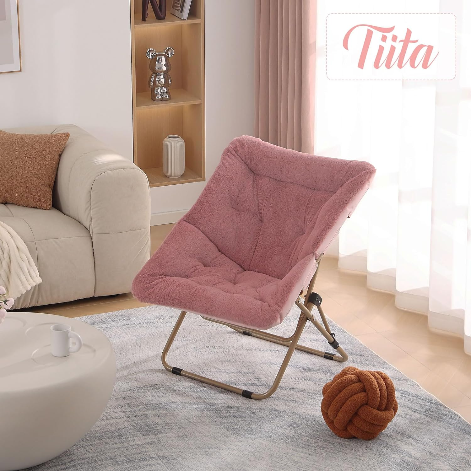 Tiita Comfy Saucer Chair, Soft Faux Fur Oversized Folding Accent Chair, Lounge Lazy Chair for Teens Adults, Metal Frame Moon Chair for Bedroom, Living Room, Dorm Rooms - Beige image number 3