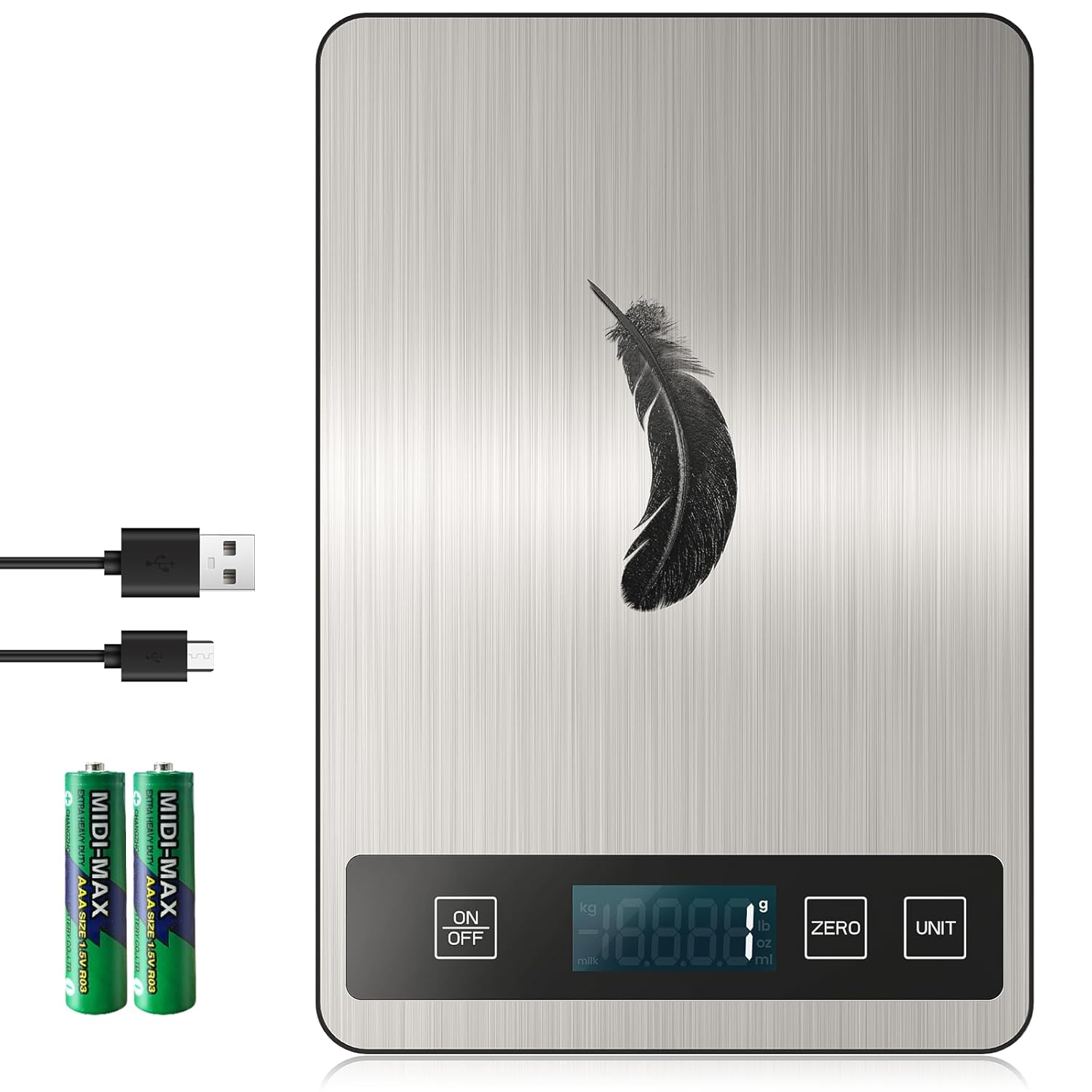 【15Kg/33Lb & USB Rechargeable】 Digital Kitchen Food Scale Kitchen Scale, Stainless Steel Digital Weight Grams and Oz, Baking and Cooking, 1G/0.1Oz Precise, 6 Weight Units (A)