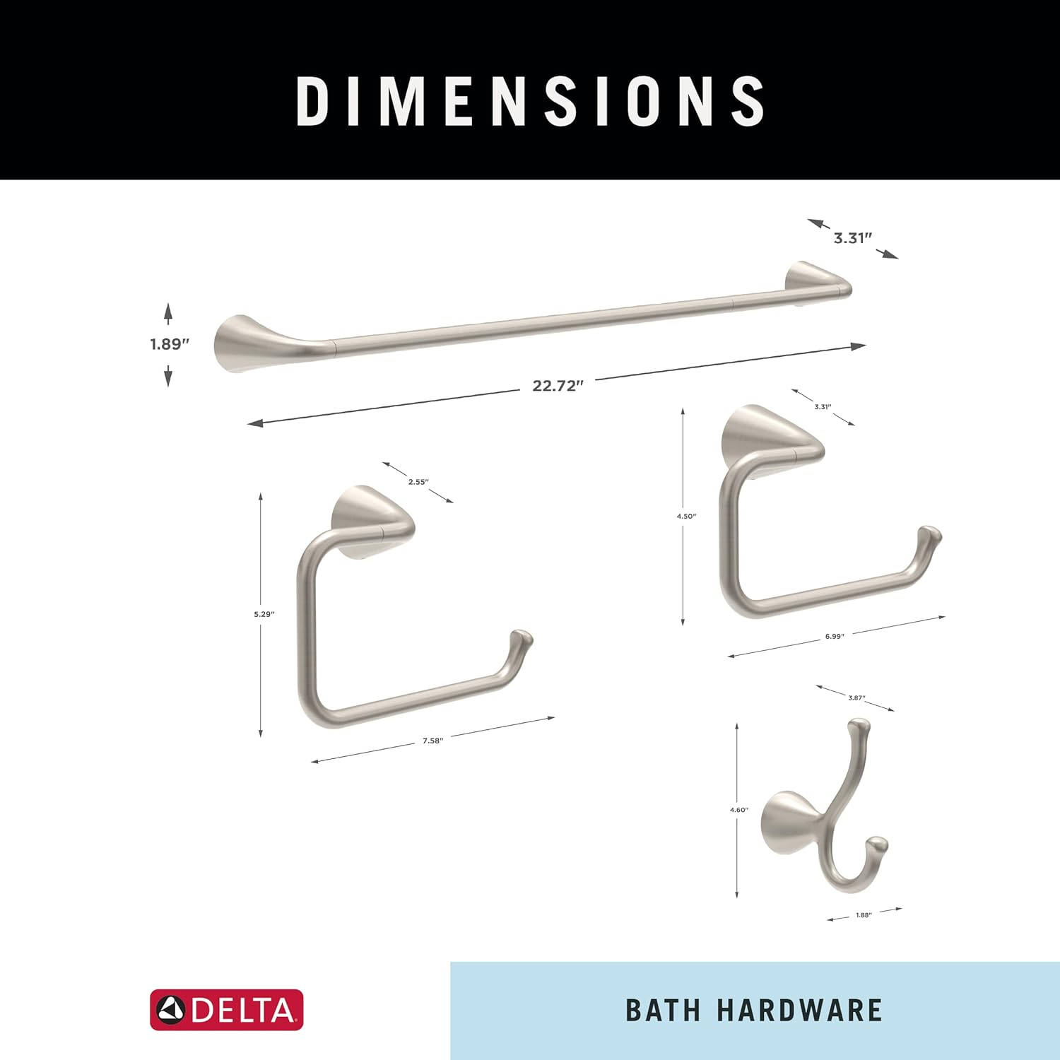 Delta ARV64-DN Arvo 4-Piece Bath Hardware Set 18-In Towel Bar W/ 6-In Extender, Toilet Paper Holder, Towel Ring, Hook, Brushed Nickel image number 4