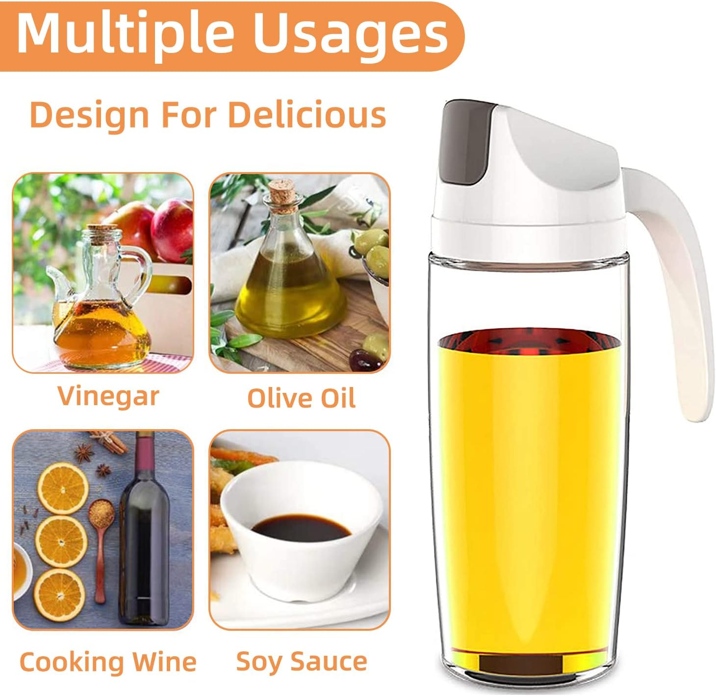 Kimilx Oil Dispenser, Cooking Olive Oil Glass Bottle, 600ML 22OZ White Auto Flip Leakproof Condiment Container, W/Automatic Cap and Stopper for Kitchen Cooking - A-600Ml image number 4