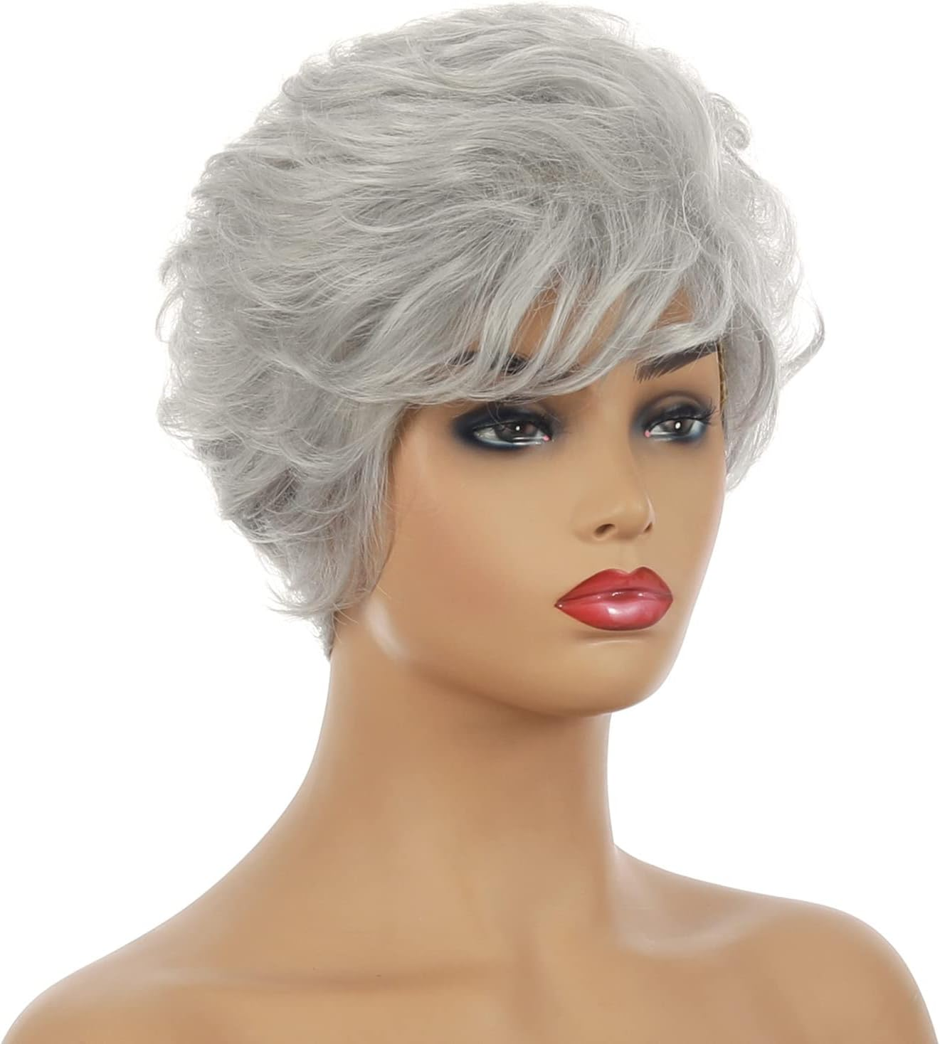 AUBWIG Mixed Silver Grey Short Wigs Natural Light Curly Hair Fluffy Pixie Cut Wigs with Fringe Synthetic Hair Wigs Layered Heat Resistant for Women (Grey) image number 4