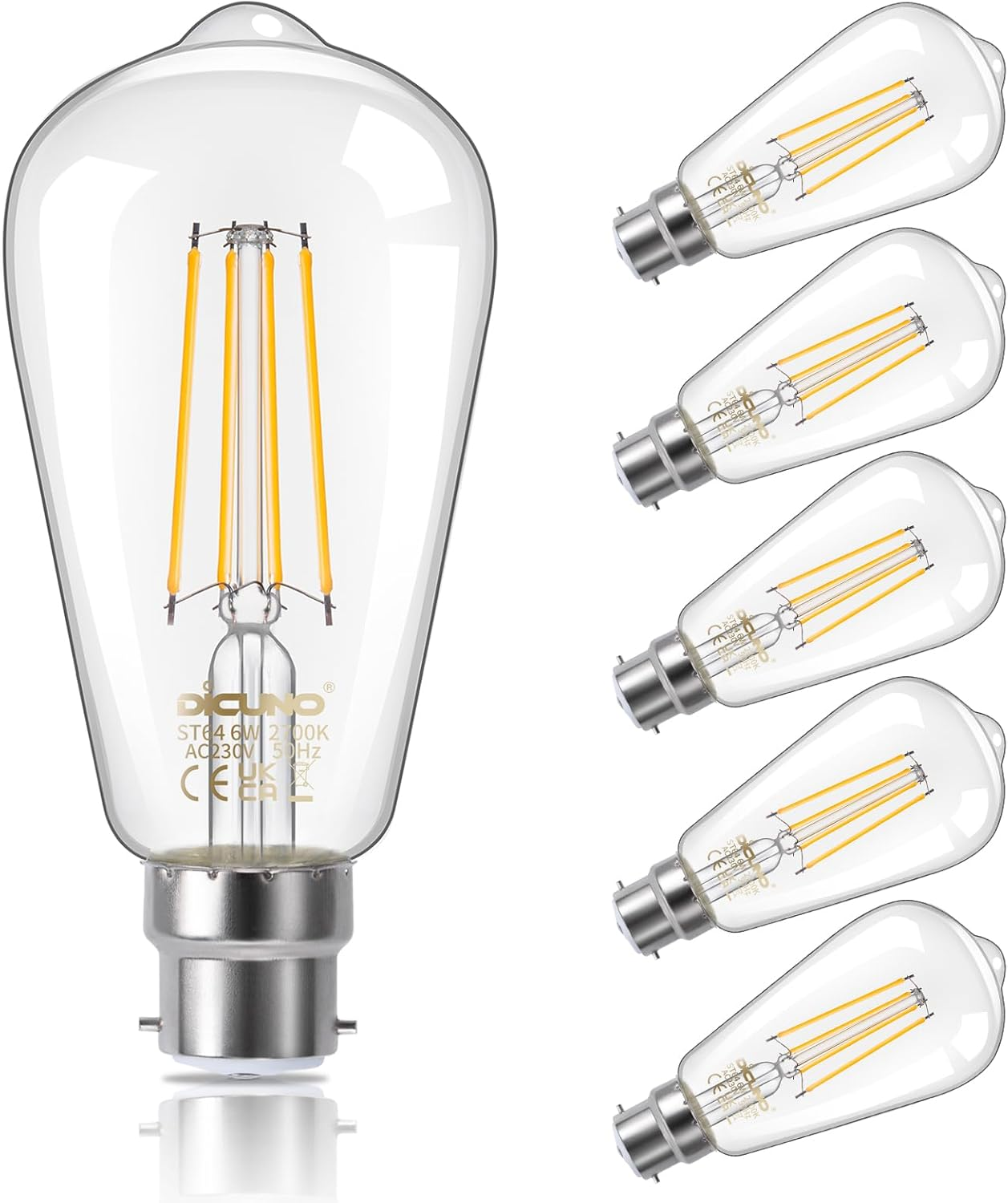 Dicuno Vintage Light Bulb B22, Bayonet Edison Light Bulb, Warm White 2700K, 6W Equivalent to 60W, 810LM, Filament Clear LED Bulb, Non-Dimmable, Pack of 6 image number 4