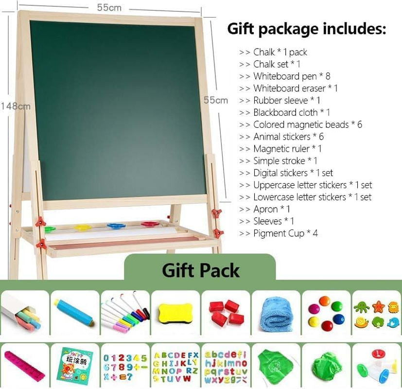 Wooden Art Easel for Kids, Double Sided Kids Easel with Whiteboard & Chalkboard, Height Adjustable Drawing Stand Kit for Kids with Painting Accessories, Education Supplies for Boys and Girl