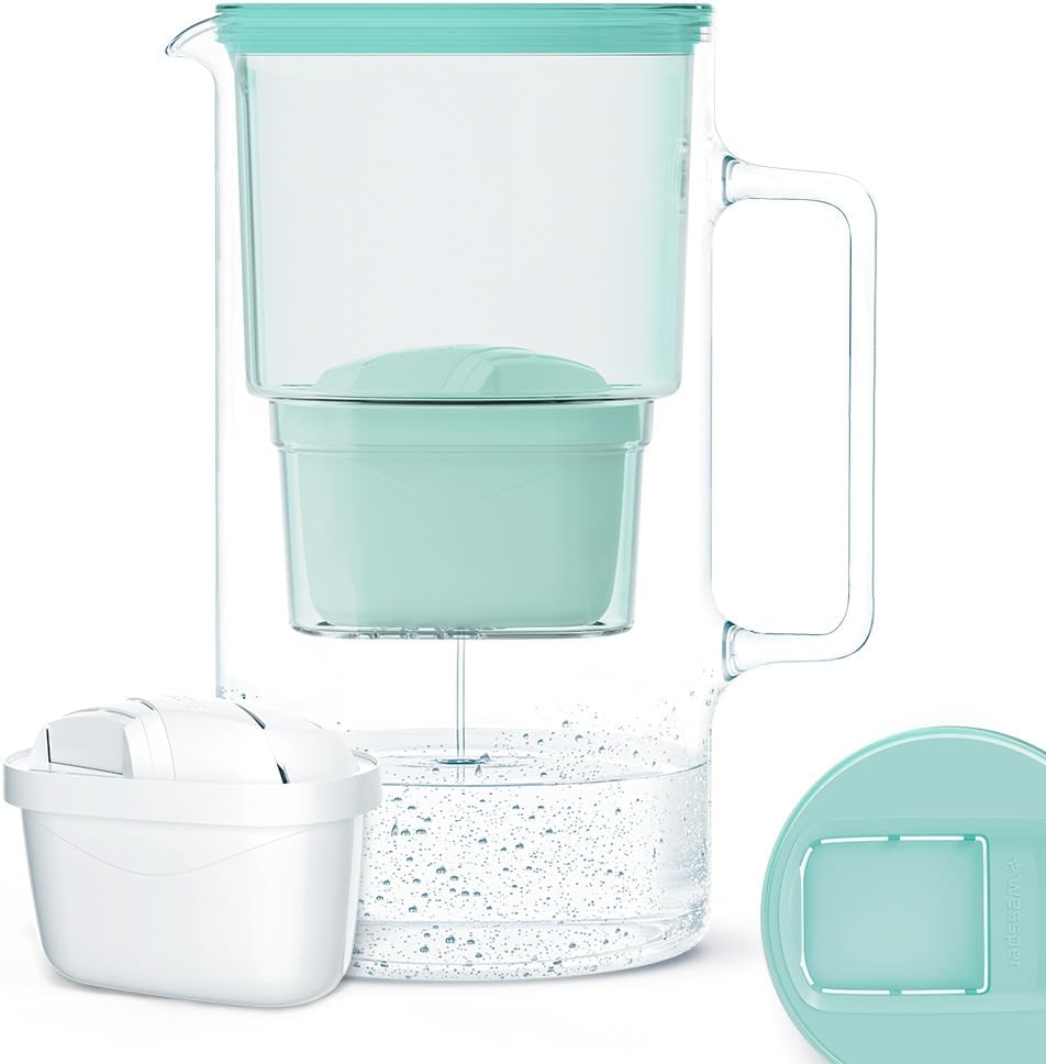 Wessper Glass Water Filter Jug 3L Cartridges Replacement for Dafi Unimax Aquaphor A5 Brita Maxtra+ Philips AWP212/10, Includes 1 Water Filter Cartridge, Reduces Limescale and Chlorine, Mint image number 3