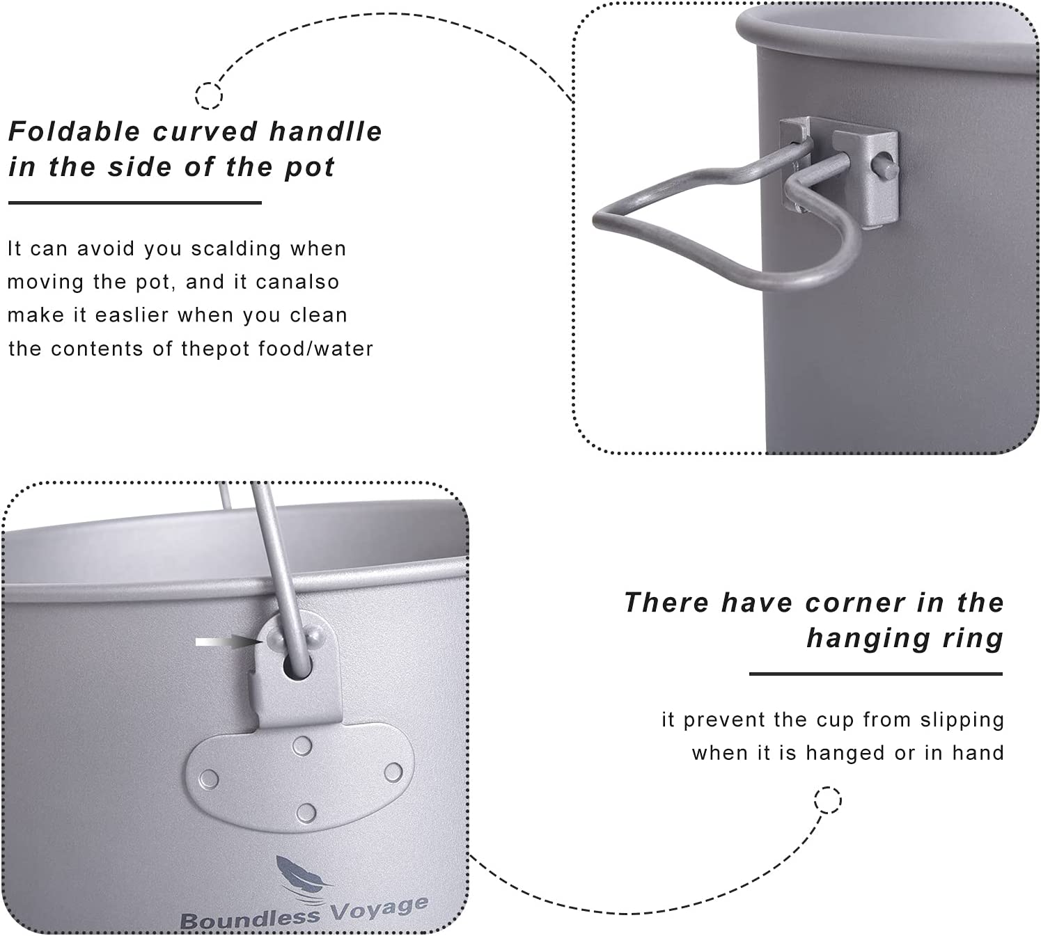 Boundless Voyage Camping Titan Hanging Pot with Folding Handle Picnic Hiking Large Capacity Kettle Cookware 1.3L 1.95L 2.9L (Yti2044C-1950Ml) image number 3