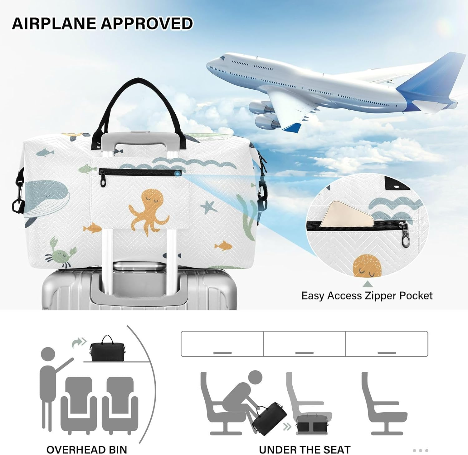 Seamless Whales Octopuses Sea Turtles Duffel Bags Travel Weekender Gear Bag Tote Bag with Adjustable Strap for Workout 2 Pcs Set, Seamless Whales Octopuses Sea Turtles, One Size, Seamless Whales image number 4