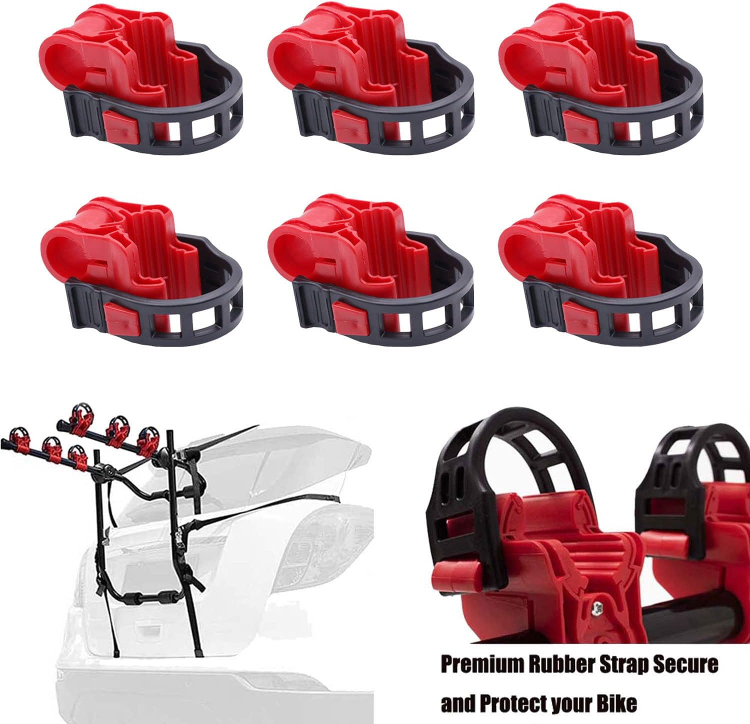 6Pcs/Set Bike Rack Hitch Mount Bicycle Car Bike Rack Strap Replacement Cradles Cargo Carrier Spare Hooks with Rubber Straps Car Racks Accessories 1-1/4"&2" Truck Hitch Red&Black image number 6