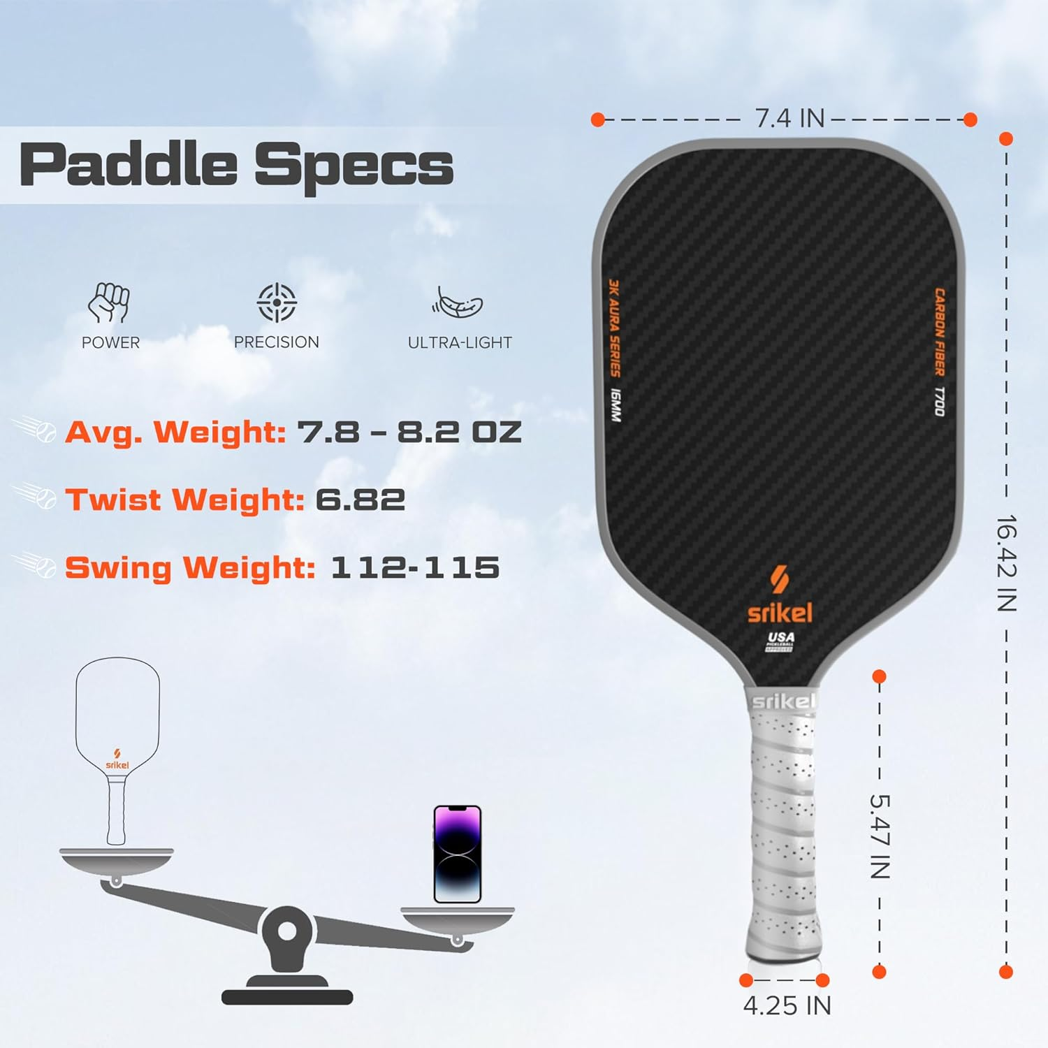 Carbon Fiber Pickleball Paddle 3K Thermoformed Raw Carbon Fiber Pickleball Paddle Lightweight Pickleball Rackets 16Mm Polypropylene Honeycomb Core Designed for Great Spin Power&Control image number 5