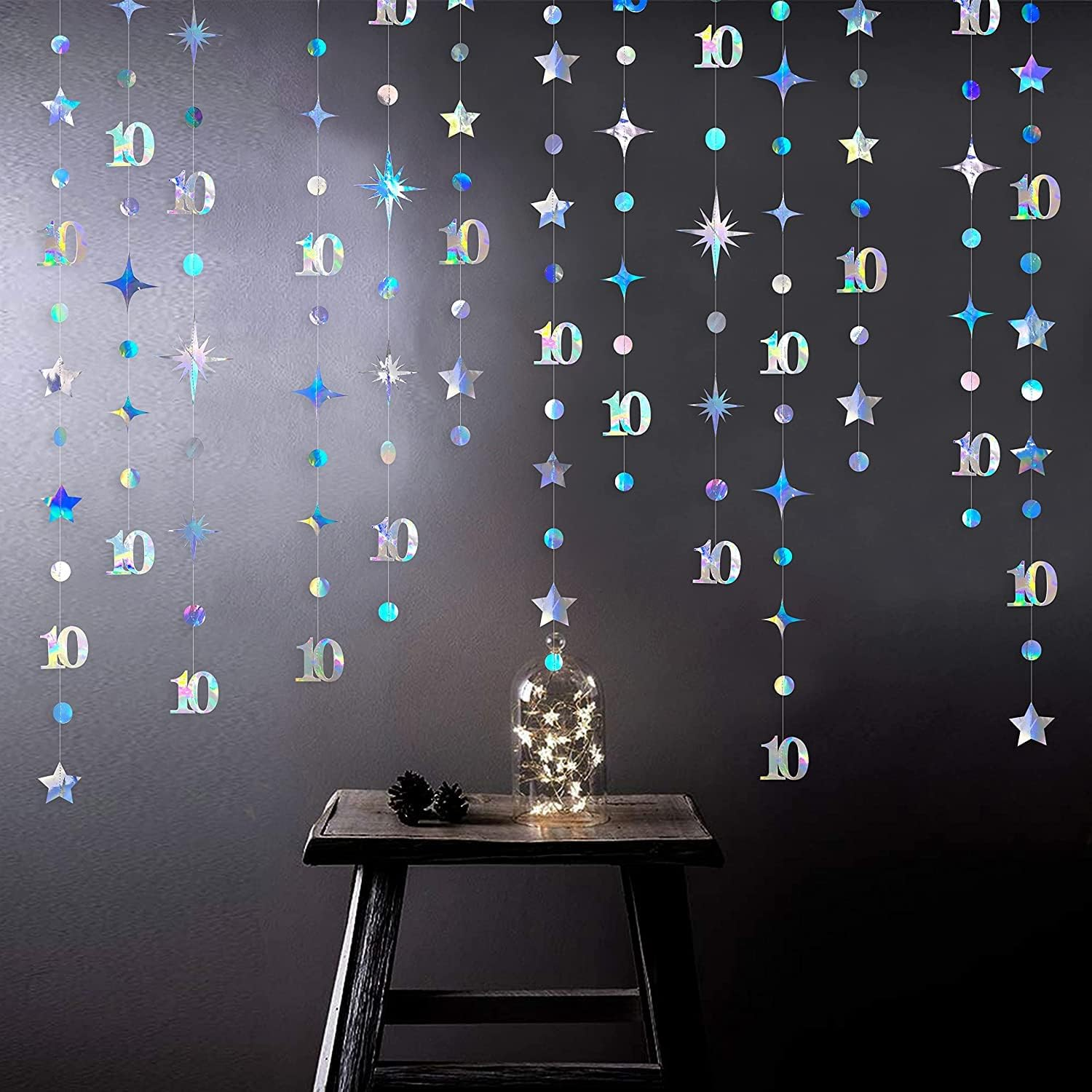 Iridescent 10Th Polka Dot Star Garland Streamer Holographic Metallic Paper 10 Sign Hanging Bunting Banner for Boys Girls Happy 10 Years Old Double Digits Ten Birthday 10Th Anniversary Party Decoration image number 2