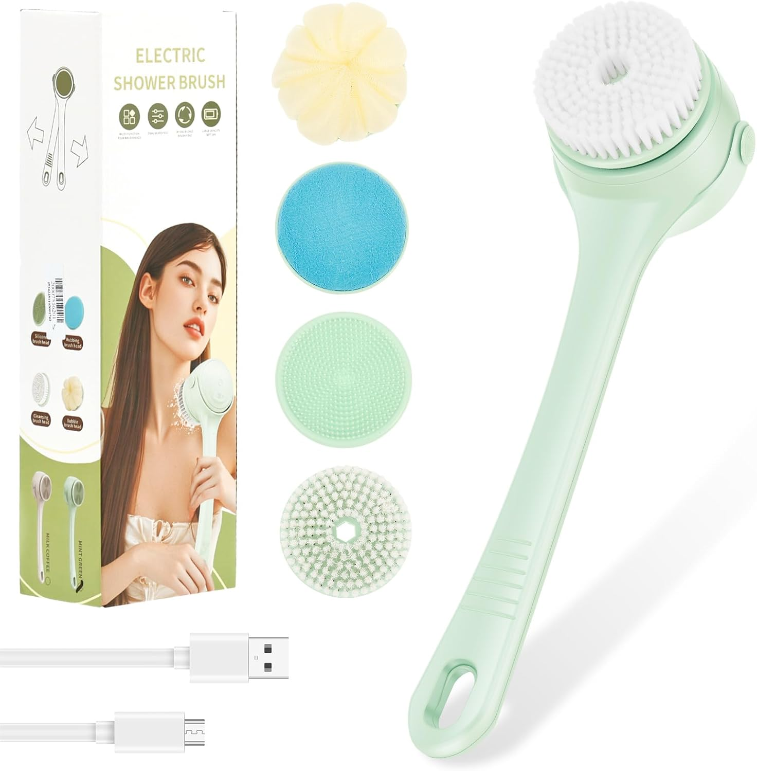 Electric Body Scrubber for Shower, 2 Handles & 4 Detachable Heads, IPX7 Waterproof, Rechargeable Deep Cleansing Body Brush, Electric Back Scrubber for All Skin Types (Green)