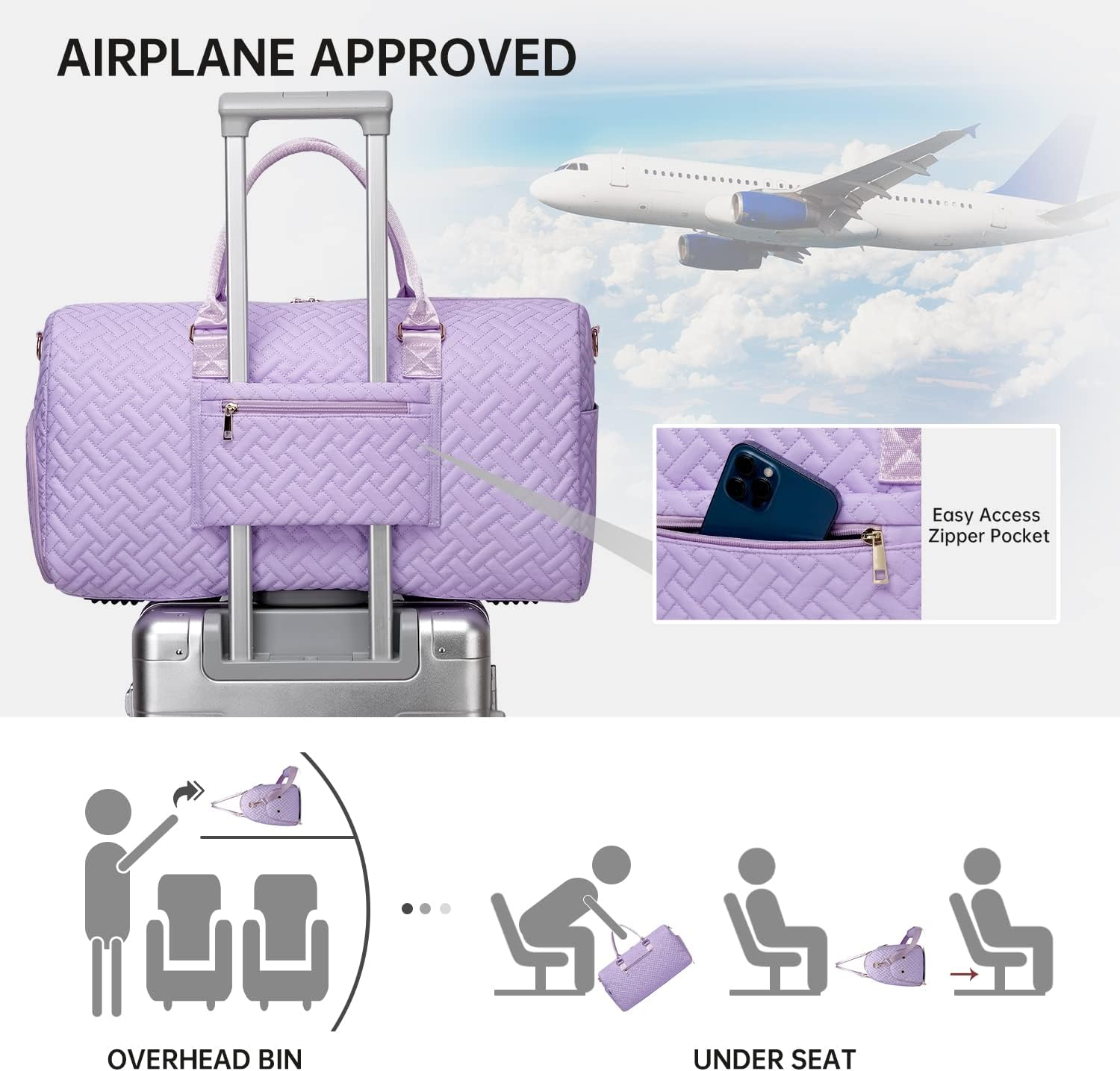 Duffle Bag for Travel, Weekender Bag with Shoe Compartment, Carry on Overnight Bag for Women with Toiletry Bag, 50L Gym Bag with Wet Pocket, Hospital Bags for Labor and Delivery, Lavender Purple, - Beige image number 6