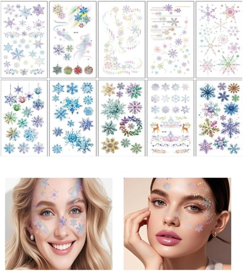 Christmas Snowflake Temporary Tattoos 10 Pieces, Shiny Facial & Body Glitter Tattoos for Holiday Parties and Glamorous Appearances image number 2