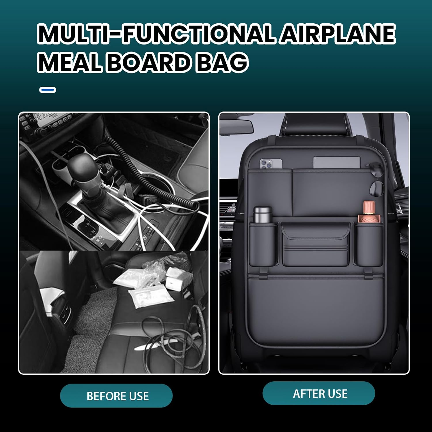 Car Backseat Organizer 2-Pack- Kick Mats Back with 6 Storage Pockets,And Adjustable Buckle Strap Waterproof Car Storage Organizer Backseatuse Premium Leather for Family Road Trips image number 3