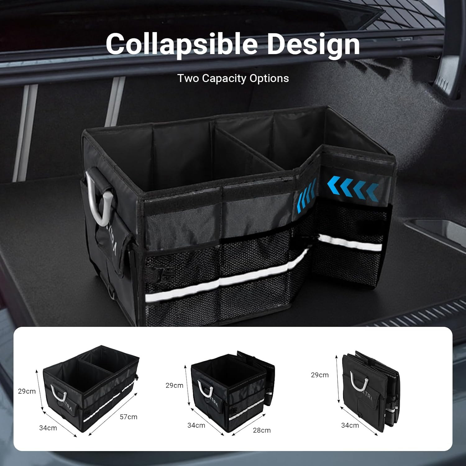 IXTRA Car Trunk Organizer - 55L Collapsible Trunk Storage Box, Waterproof 1860D Oxford with Hard Cover & Securing Straps Boot Organizer, Car Accessories Universal for SUV Sedan Truck (Black) - Black image number 3