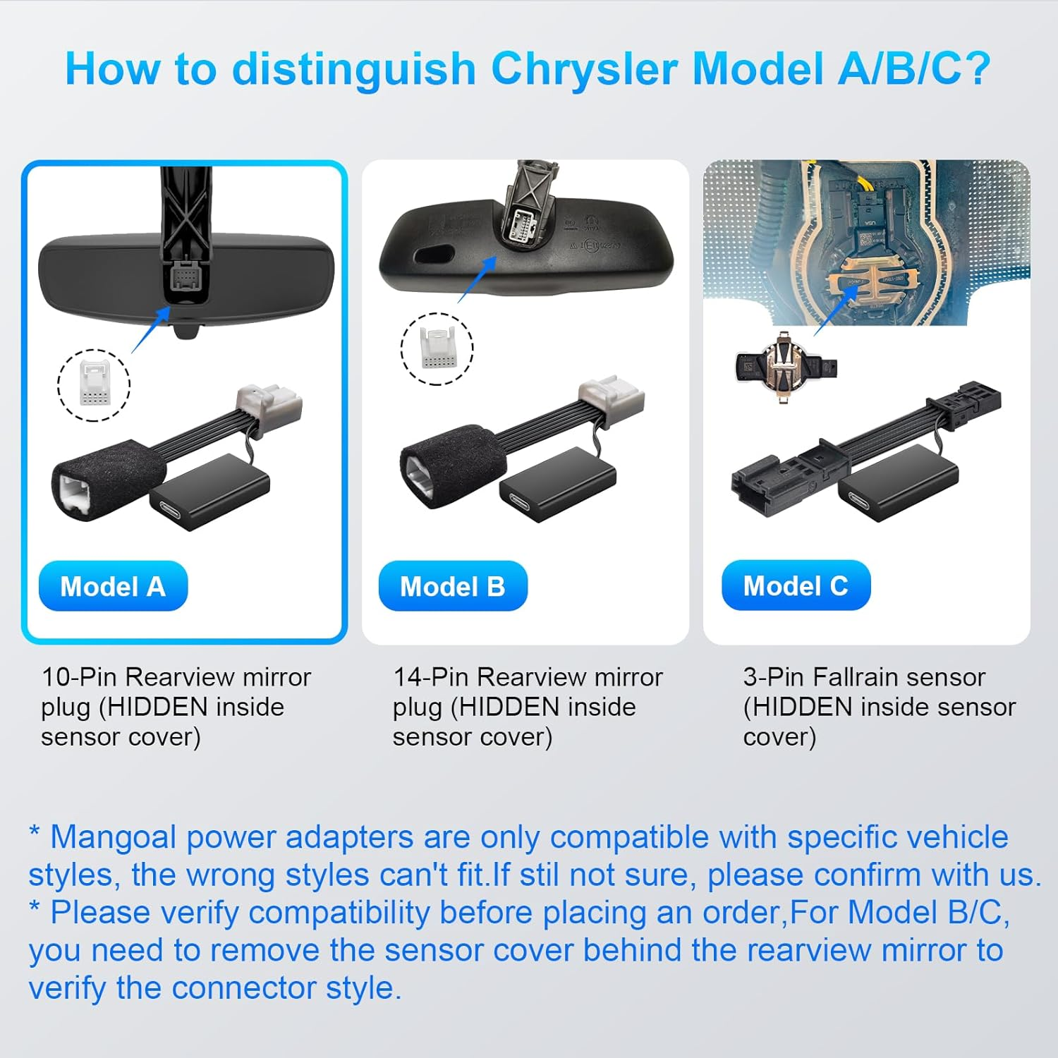 Mangoal Dashcam Power Adapter for Chrysler 10-Pin (Model A) for Jeep Ram Dodge Chrysler Grand Cherokee Etc,Gps Radar Mirror Camera Dash Cam Adapter,Hide the Wires,Connect Rearview Mirror Plug(Hidden) image number 5