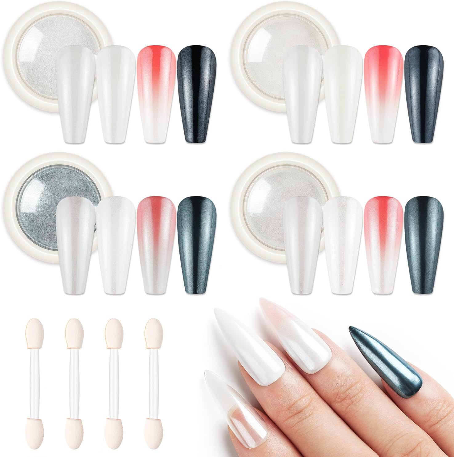 AIMEILI Pearl Chrome Nail Powder, Vegan, Cruelty Free, 12 Colors Aurora Metallic Holographic Mirror Effect Nail Art Pigment Iridescent Shell Glitter Nail Art