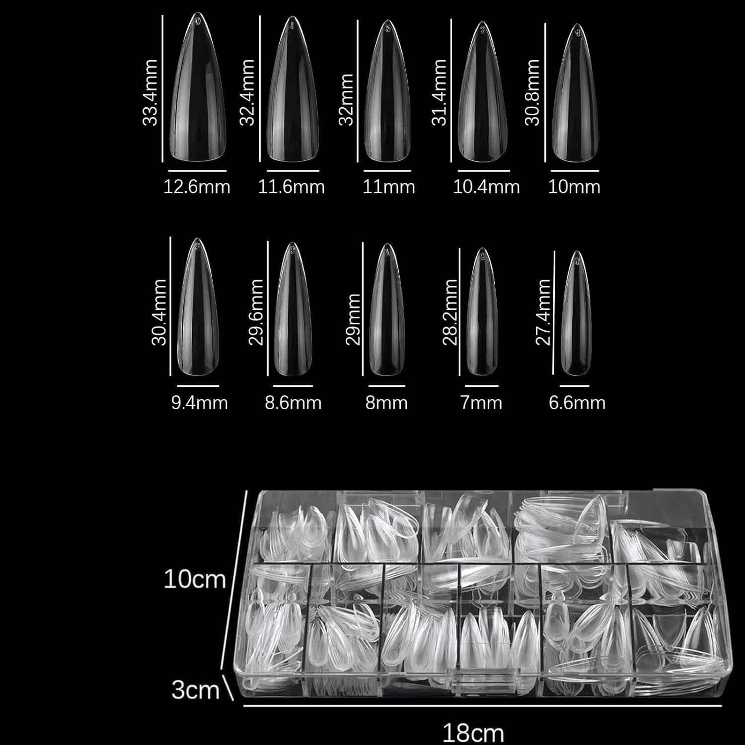 Taoluwin 500Pcs Clear Nail Tips, 10 Sizes Full Cover False Nails, Press on Gel Nail Tips, Reusable False Nail Kit for DIY Extensions, Acrylic & Nail Art (Long Teardrop Shape, Long) image number 5