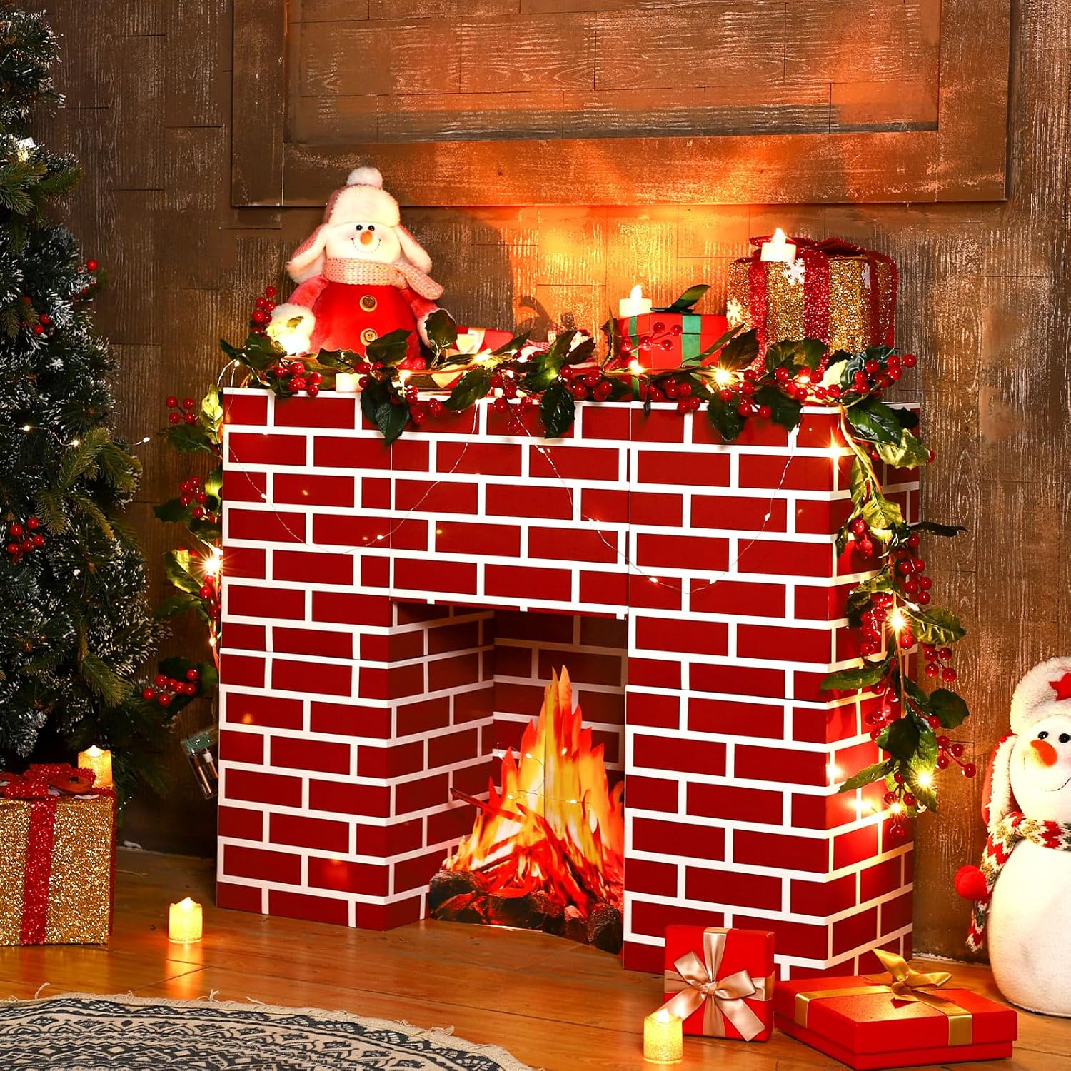 15 Pcs Christmas Cardboard Fireplace Prop Set Red Brick Cardboard Fireplace with Fake Fire Fake Flame Red Brick Boxes Cardboard Blocks for Christmas Home Party Decorations image number 5