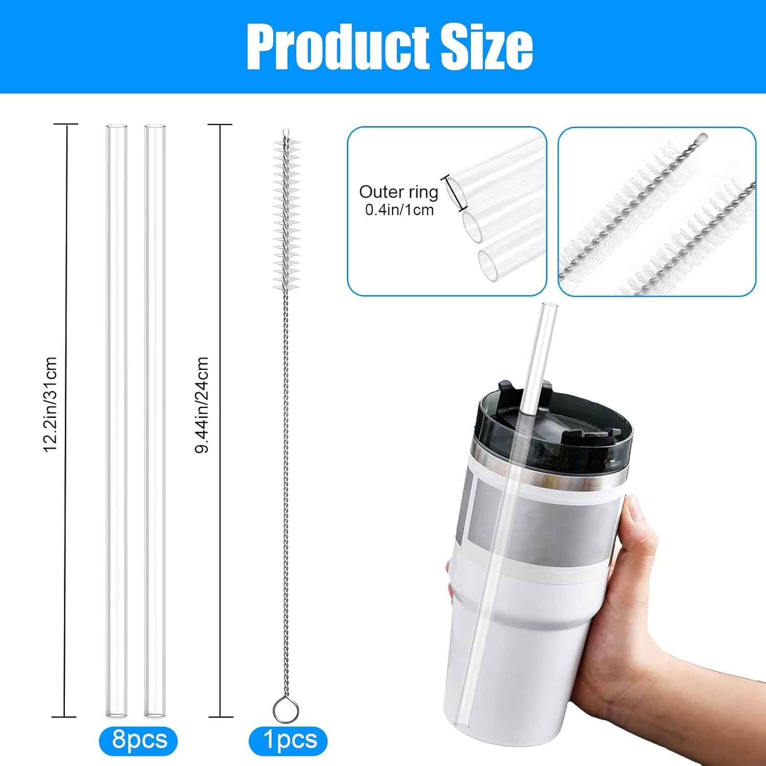 Replacement Straws, 8 Pcs Replacement Straw 1 Pcs Straw Cleaning Brushes for Hydro Flask Wide Mouth Bottle (14, 20, 30, 40Oz) image number 1