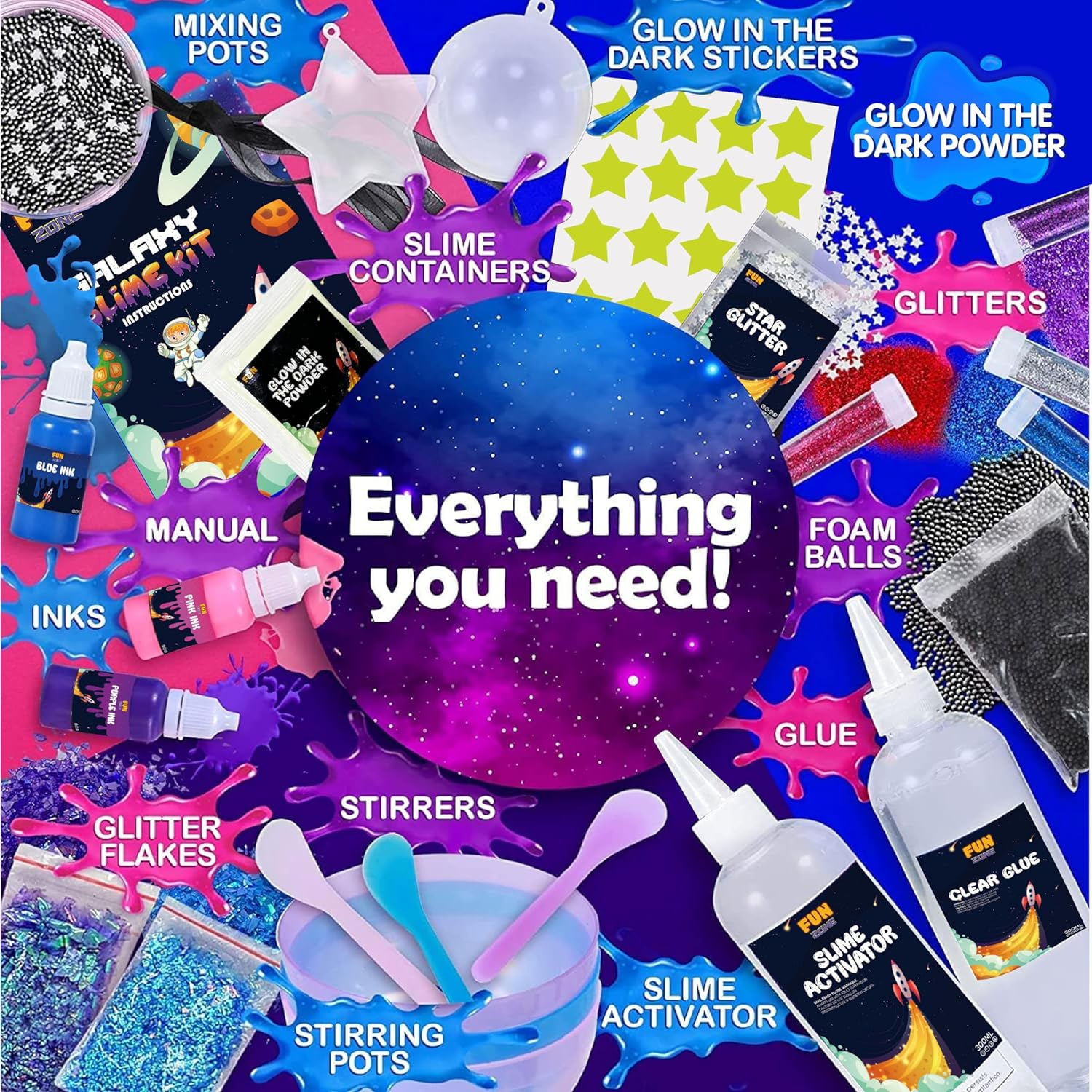 The Fun Zone Galaxy Slime Making Kit with Glow in the Dark Stars to Make Glitter Galactic Slime! Slime Kits for Girls and Boys image number 1