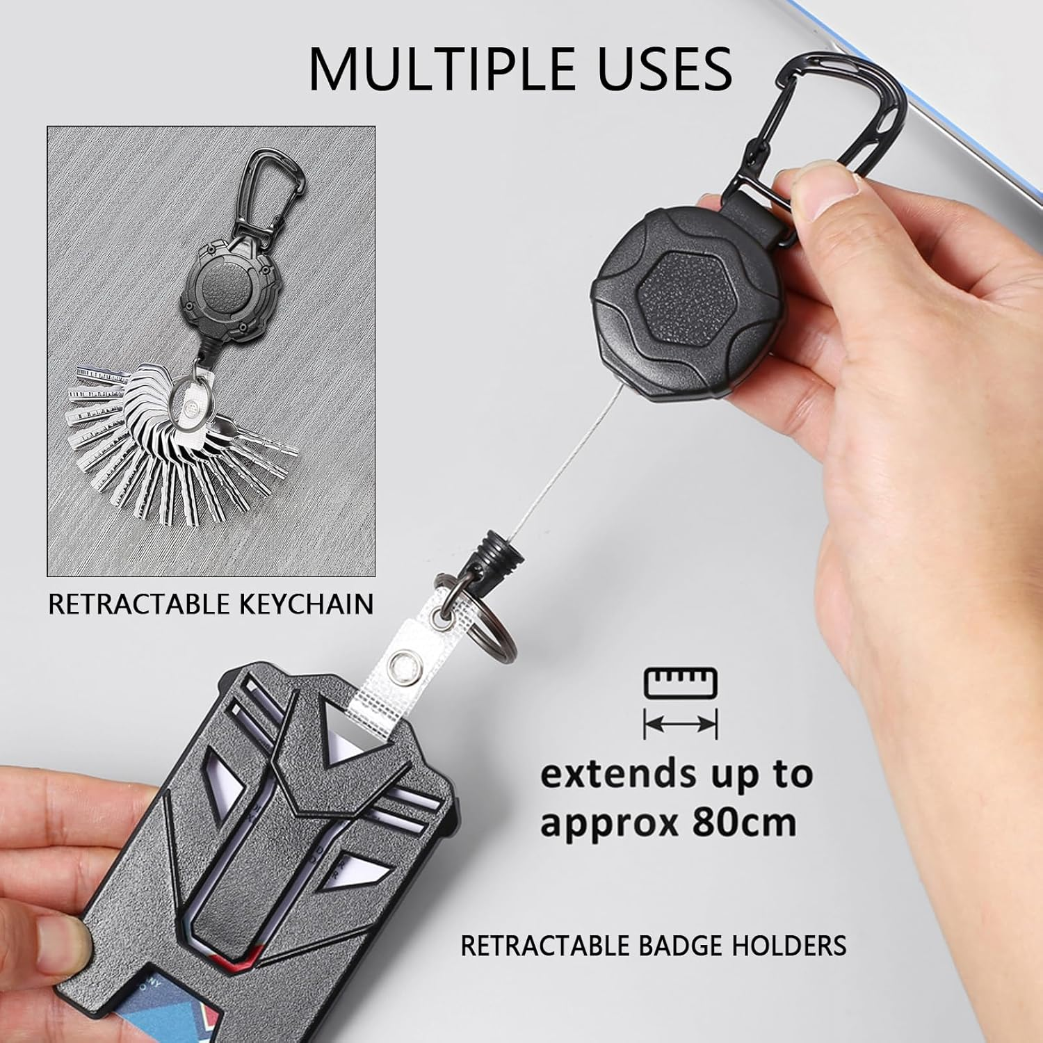2 Pack Badge Reels Retractable Keychain Retractable Lanyard Keychain Clip Heavy Duty Badge Reel for ID Badge Holder Key Chain - 2 Holders And 2 Badge Reels Black  04 image number 5