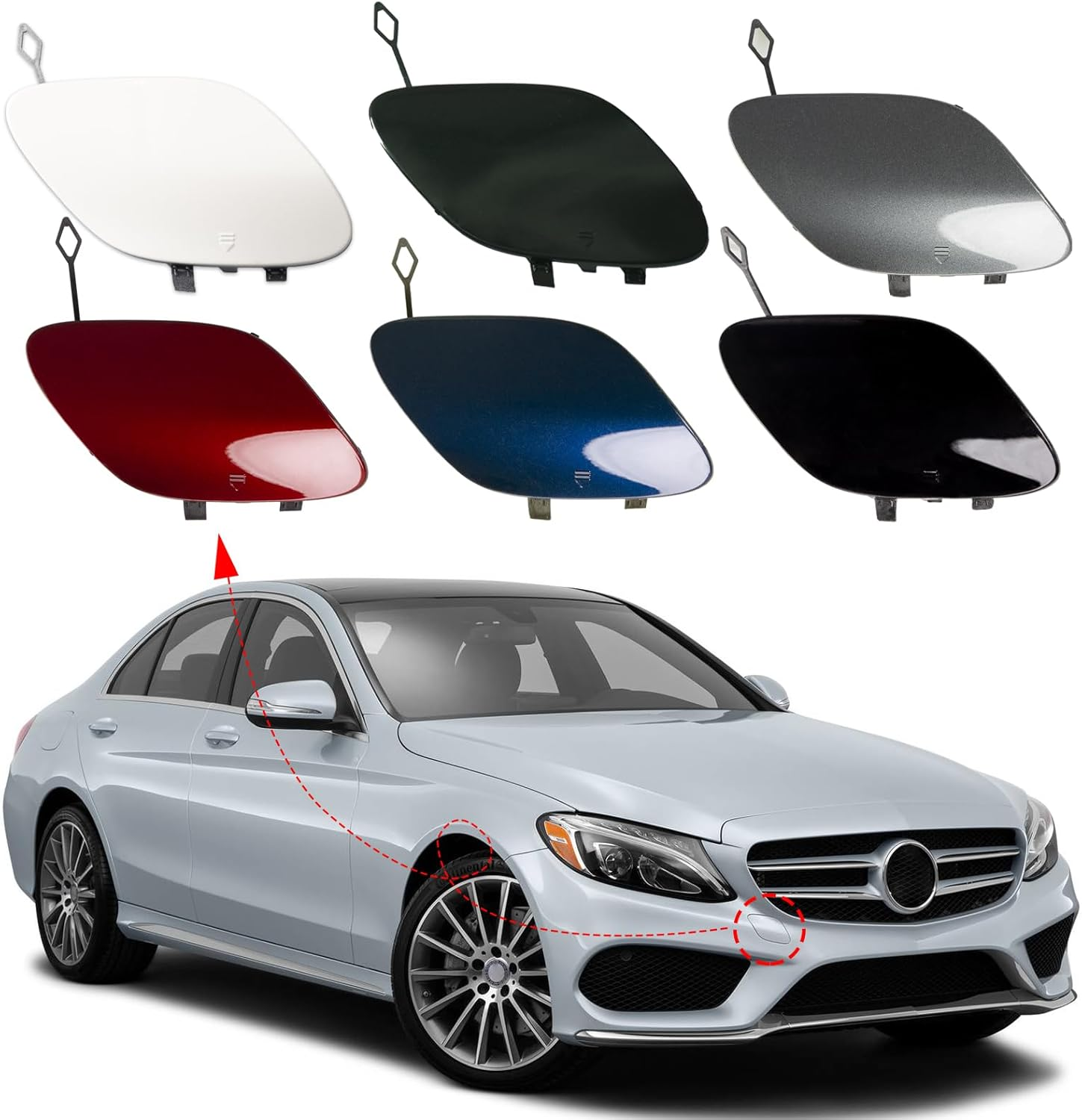 Front Bumper Tow Hook Cover Towing Eye Cap Trailer Cover Fit for Mercedes-Benz W205 C-Class Sedan C300 C400 C43AMG 2015-2018(Only Applicable to Sports Models)A2058850724 (Black, Right Passenger Side)