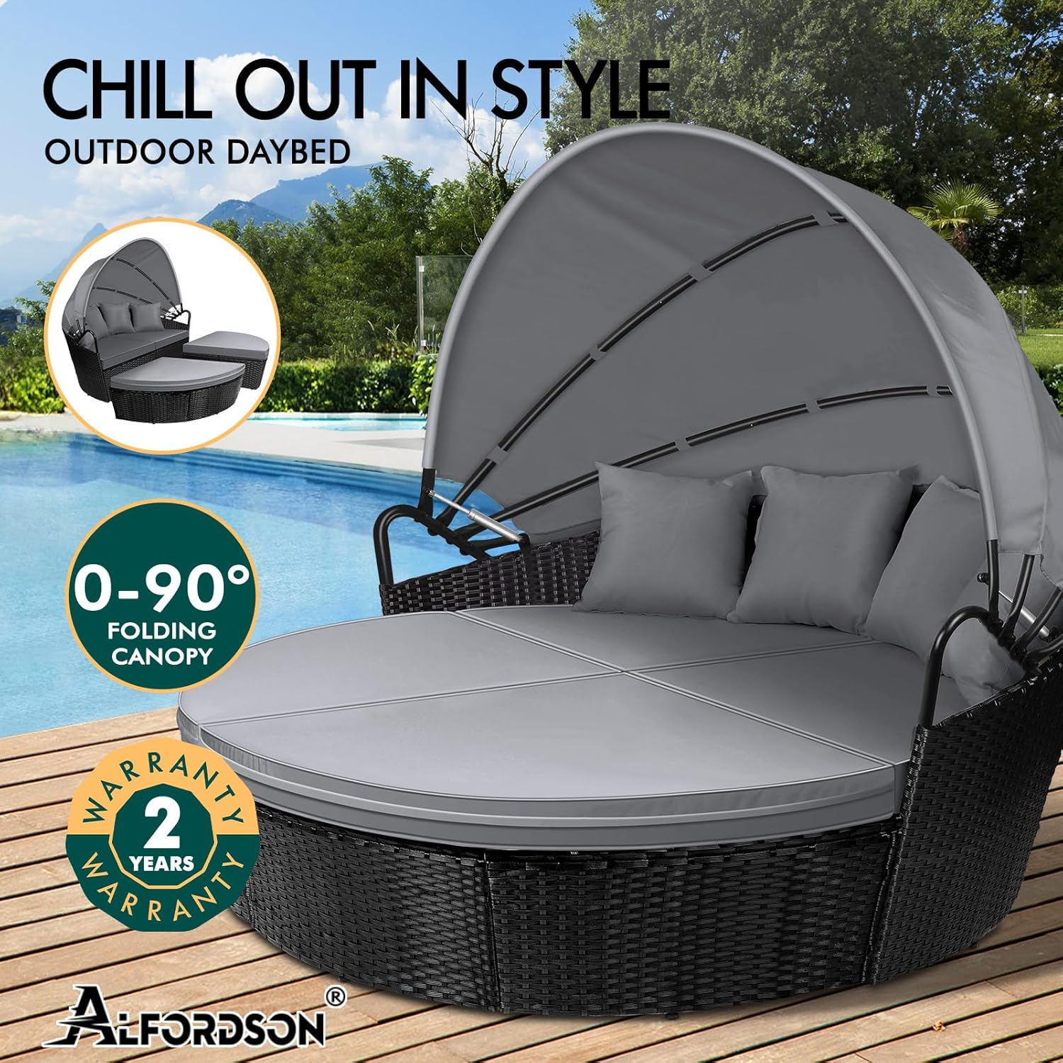 ALFORDSON Sun Bed Sofa 3Pcs with Adjustable Canopy, Wicker Outdoor Tanning Lounger with Fabric Seat Cushions & Pillows, Steel Frame Lounge Chair Furniture for Garden Pool Patio Backyard, Black Grey - Black Grey image number 3