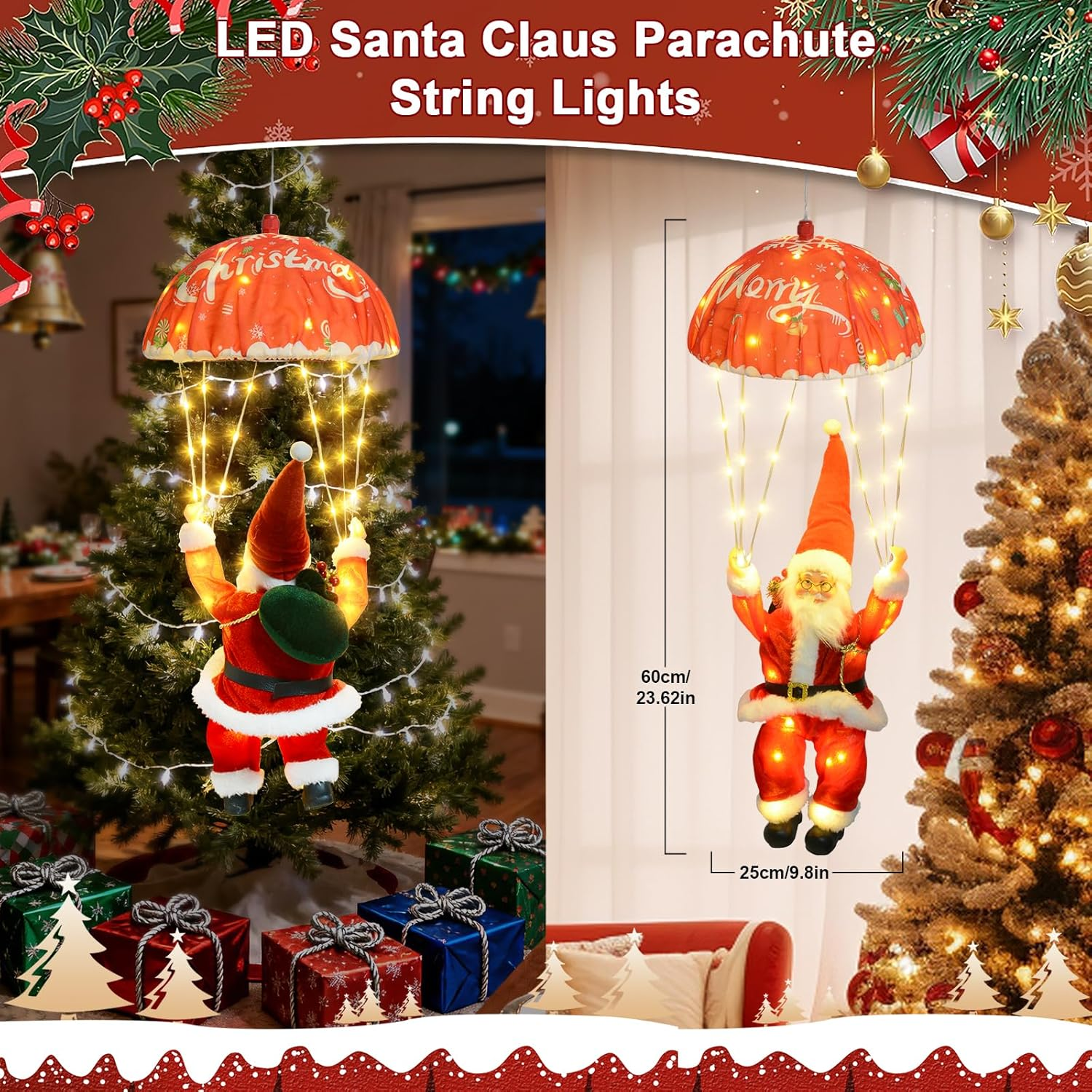 Qoosea Santa Claus Parachute Fairy Lights, 63 Cm, 88 LED Christmas Fairy Lights, USB with Timer, 8 Modes, Christmas Lighting for Christmas Tree, Window, Balcony, Indoor, Outdoor, Christmas Decoration image number 3