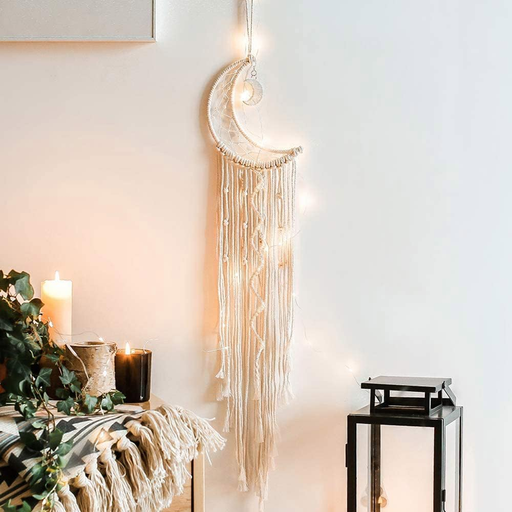 Koytoy Macrame Wall Hanging with LED Light,Moon Dream Catcher Woven Tapestry Bohemian Home Decor Wedding Party Ornaments Craft Gifts Ramadan Decorations for Home image number 6