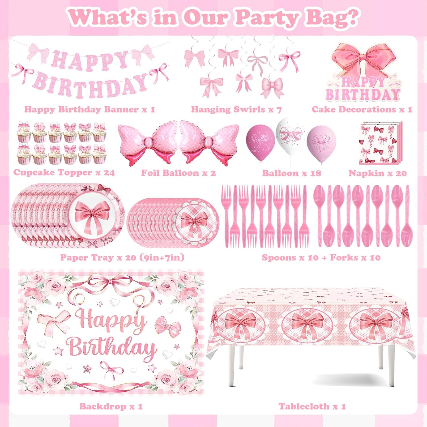 Pink Bow Birthday Party Decorations for Women Girls - Bow Theme Happy Birthday Banner, Backdrop, Bow Tablecloth, Balloons, Paper Tray, Spoons, Forks, Napkin, Cupcake Topper image number 5