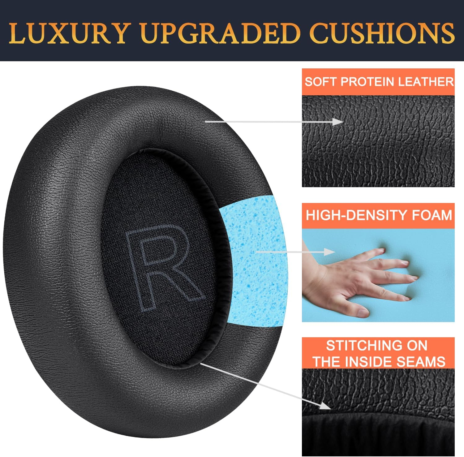 SOULWIT Earpads Replacement for Anker Soundcore Life Q30/Q35 Headphones, Ear Pads Cushions with Softer Protein Leather, Noise Isolation Foam - Black - Blue image number 3