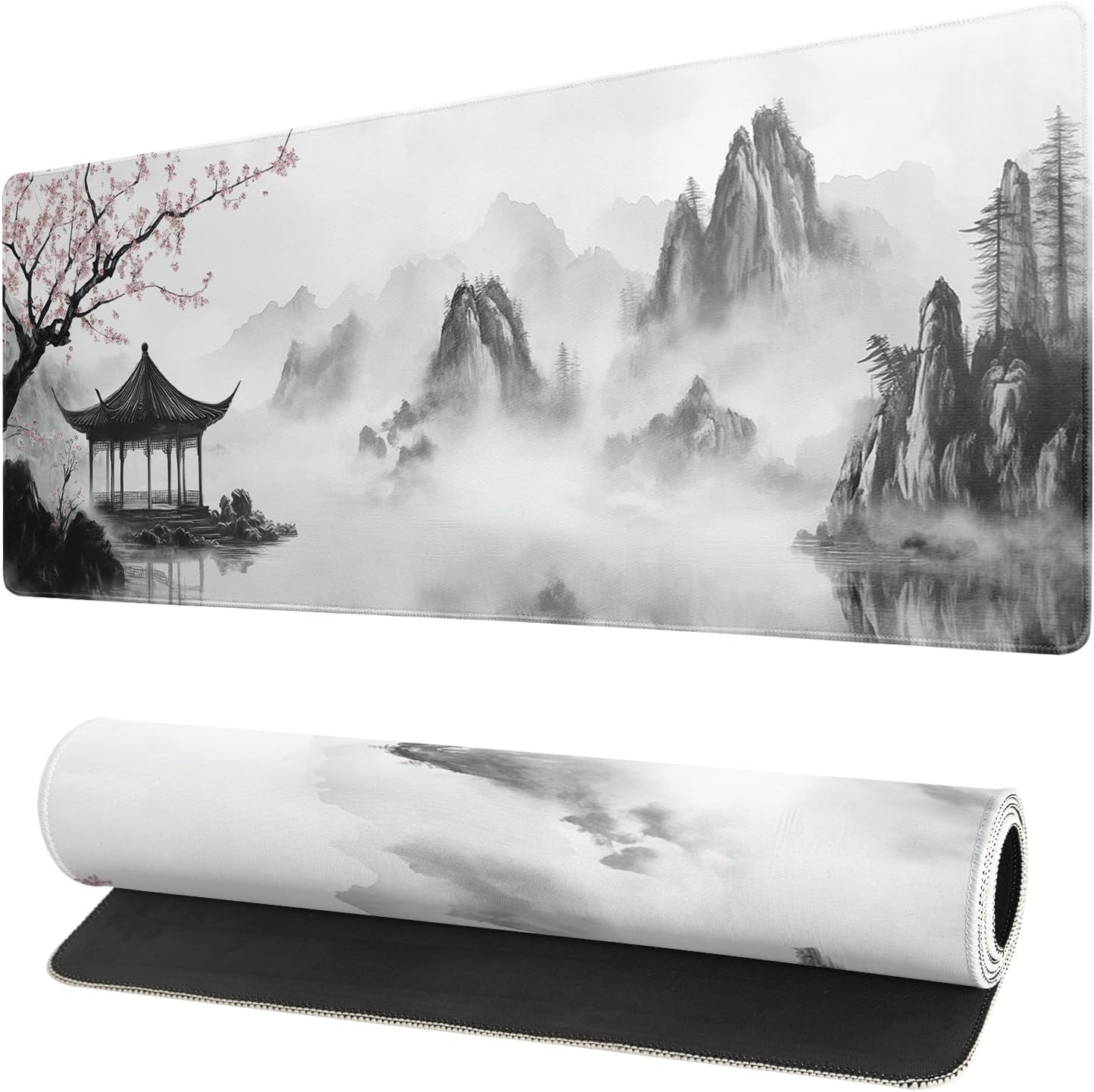 Watercolor Cherry Blossom Mouse Pad 31.5X11.8 Inch Pink Full Desk Japanese Sakura Mousepad Extended Large Non-Slip Rubber Base Waterproof Big Keyboard Mat with Stitched Edges for Gaming and Office