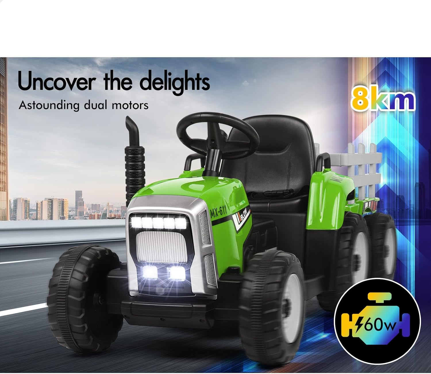 ALFORDSON Kids Ride on Car Tractor 12V Eletric Dual Motor, Car with Music Player & 7 Brilliant LED Headlights, Ride-On Design SUV Toy Vehicle for Toddler, Green - Blue image number 2