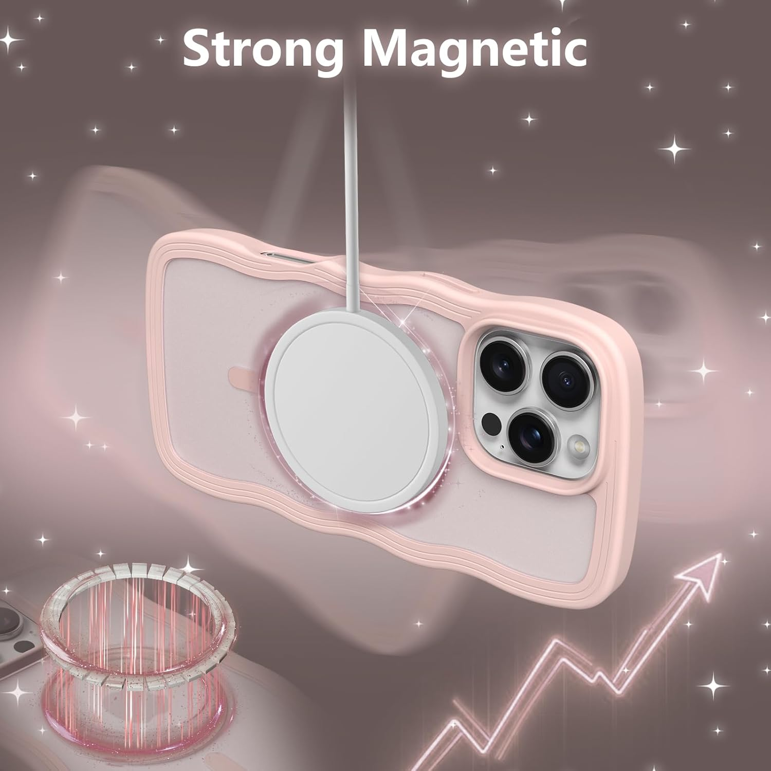 ZTOFERA for Iphone 16 Pro Magnetic Case, Wave Frame Curly Shape Translucent Slim Compatible with Magsafe Bumper Shockproof Protective Phone Cover, Pink image number 5