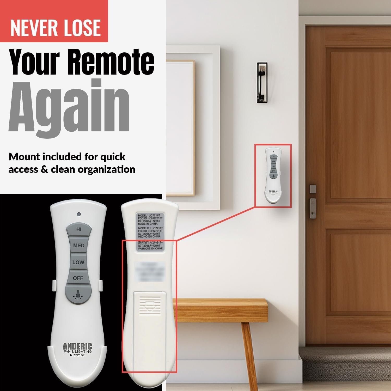 Anderic Slim Style UC7216T - Compatible with Hampton Bay/Harbor Breeze Ceiling Fans and Includes Wall Mount - Replaces: CHQ7216T, CHQ7078T, UC7078T, Fan-Hd, HD5 (Standard Slim - RR7216T) image number 5