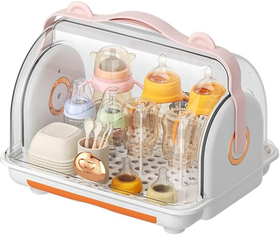 TOMVAES Baby Bottle Storage Box, Drying Rack, Drawer Type Drain Tray, Removable Cup Holder, Transparent Clamshell Design, for Toddler Bottles and Storage Box (Orange)