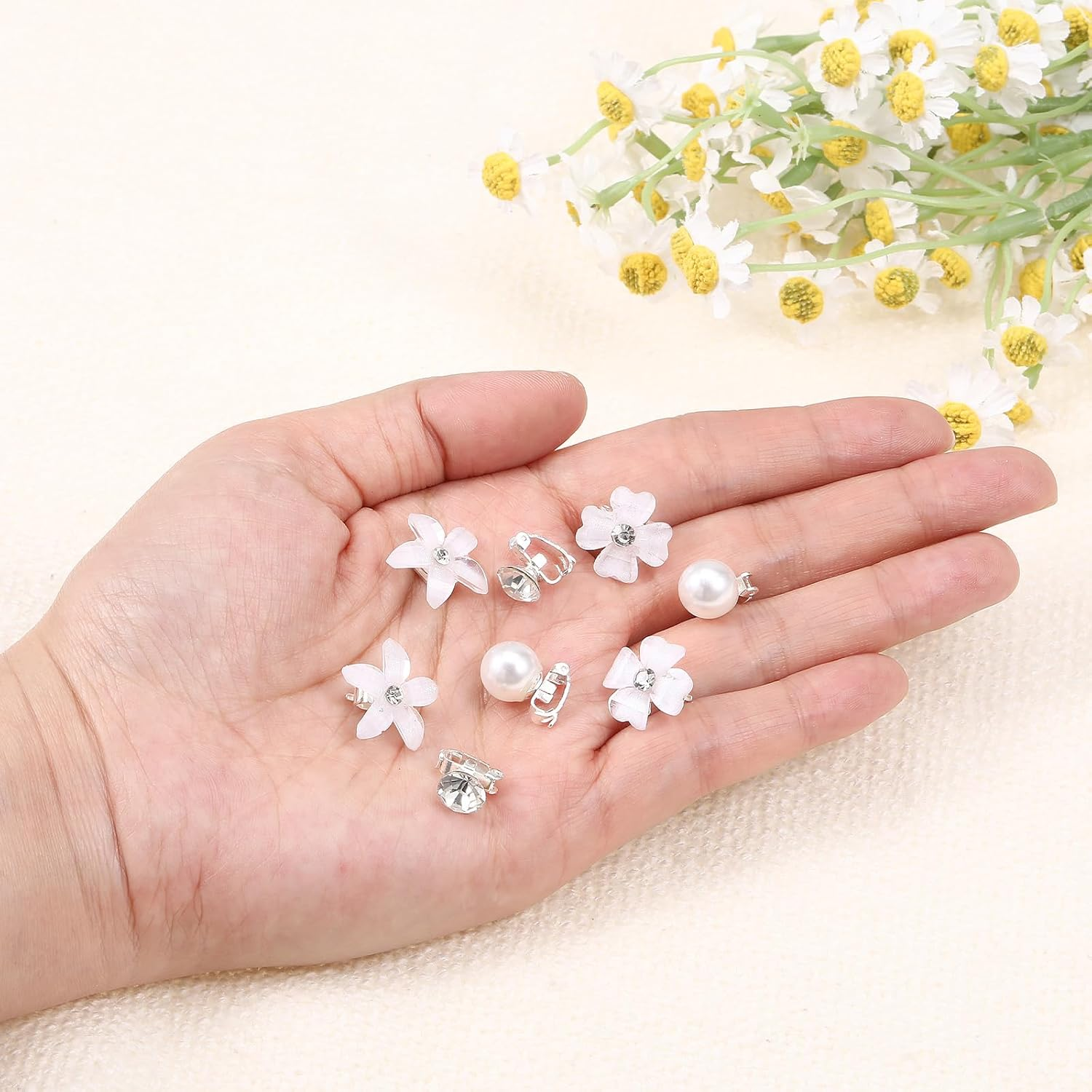 Piriuuo Pack of 20 White Small Flowers Hair Clips, Mini Flower Hair Clips with Rhinestones, Small Decorative Hair Accessories, Cute Flower Girl Hair Accessories, Wedding Hair Accessories for Girls image number 2
