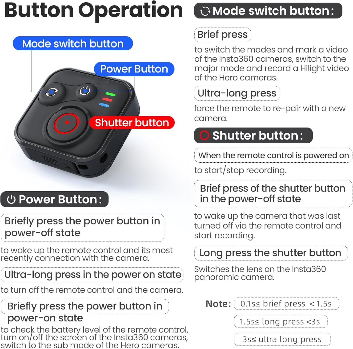 Zlit Bluetooth Remote Control for Insta360 X5/X4/X3/Ace Pro2/Ace Pro/Ace/One R/RS/GO 3S/Go3/Hero 8/9/10/11/12 Camera Action Smart Remote with Wrist Strap and Cable image number 2