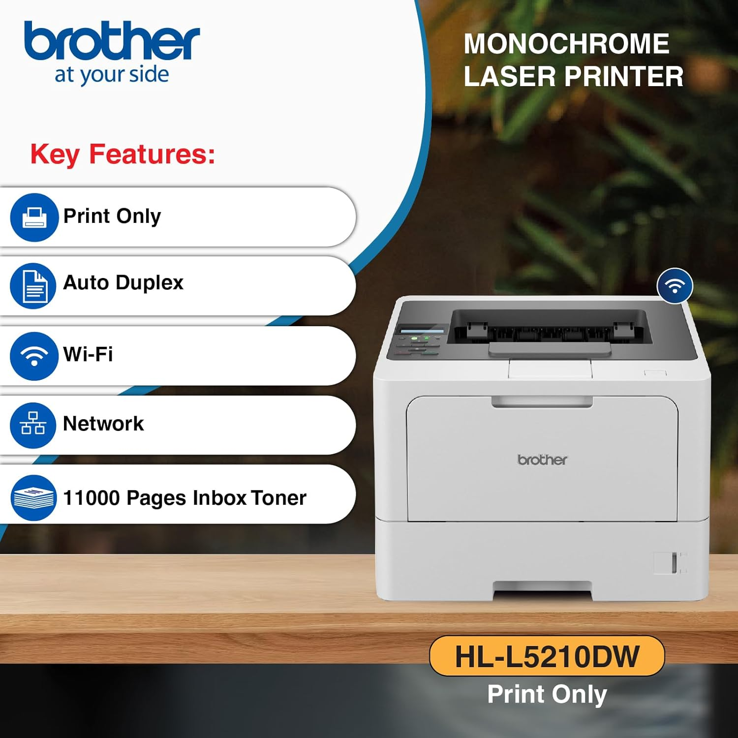 Brother HL-L5210DW, Wireless Mono Laser Printer, 48Ppm, White image number 5