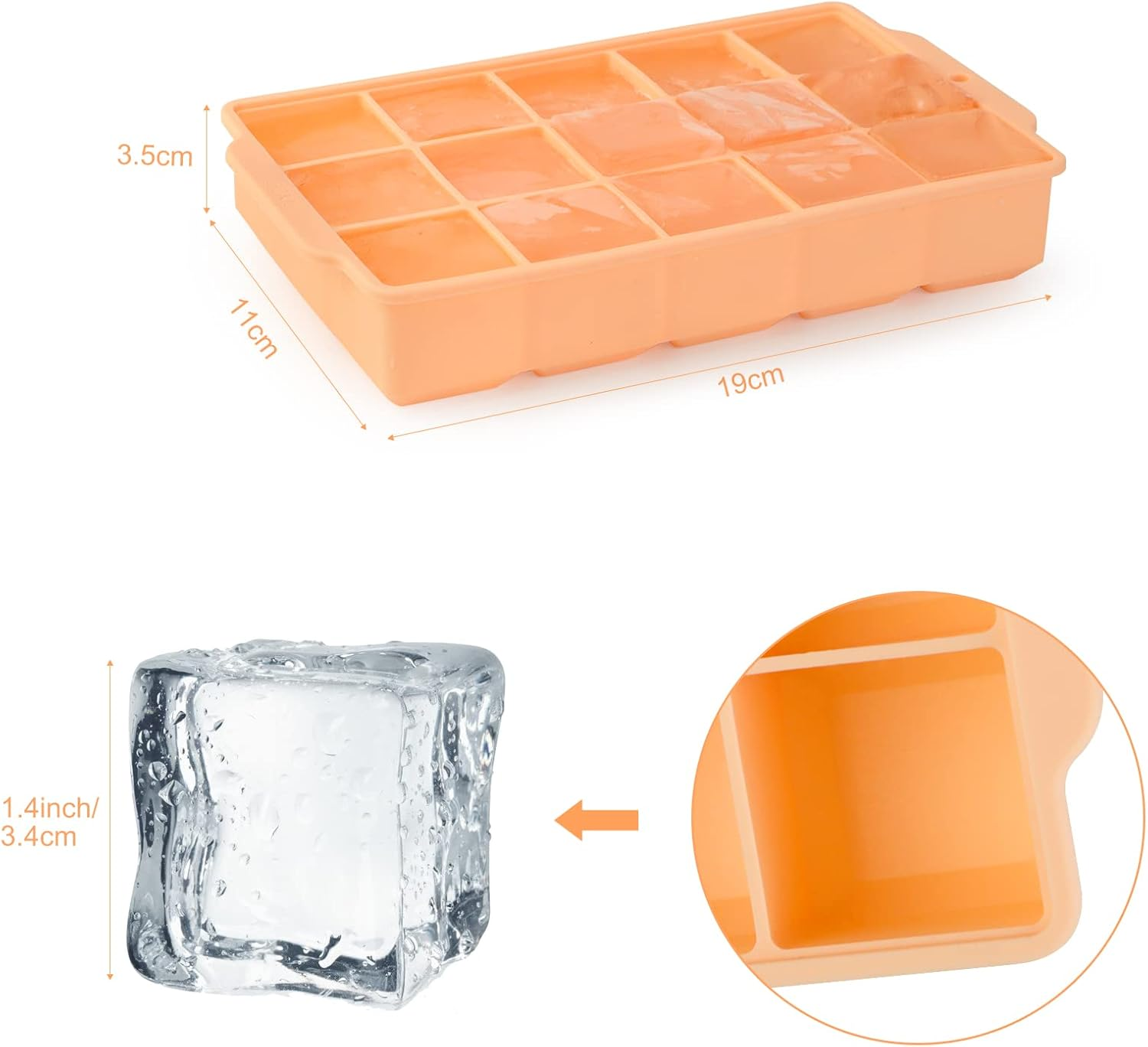 JOPHEK Ice Cube Tray, Pack of 2, 30 Compartments Silicone Ice Cube Tray, Large Square Ice Cubes, 3.5 Cm for Cocktails, Whisky, Wine, Fruit, Fruit Purees, Ice Cream, Iced Tea