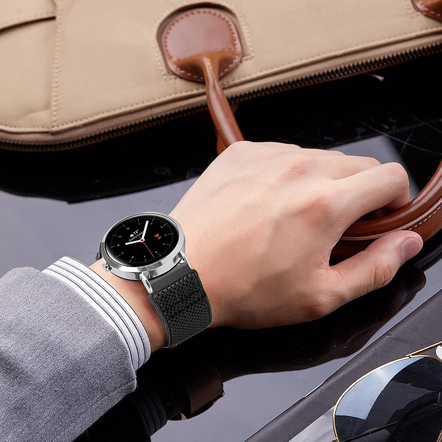 Puhuite Stretchy Nylon Band for Samsung Galaxy Watch 6/5/4,Galaxy Watch 4/6 Classic,Garmin Vivoactive 5/Vivoactive 3,Garmin Venu 2 Plus/Venu Sq/Venu Band,Garmin Forerunner 645/245 Music Elastic Band - Black+Army Green+Beige image number 5