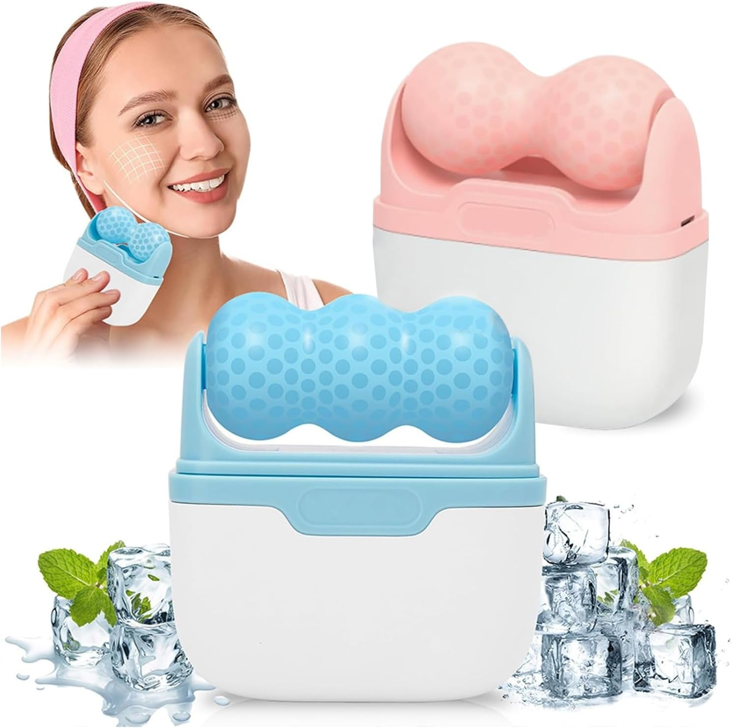2Pcs Ice Roller Set, Face Roller & Ice Roller for Face - Cooling Facial Relaxation Massager for Puffiness & Tension (Blue & Pink) image number 2