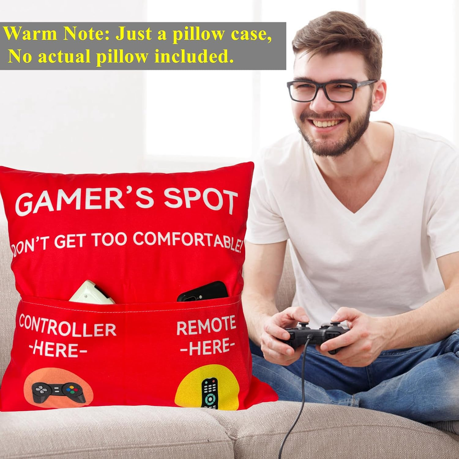 Gamer Gifts, Pocket Design Throw Pillow Covers 18 X 18 Inch, Gaming Room D&eacute;cor Stocking Stuffers Easter Basket Stuffers for Teen Boys Girls Men Father Boyfriends-Red image number 1