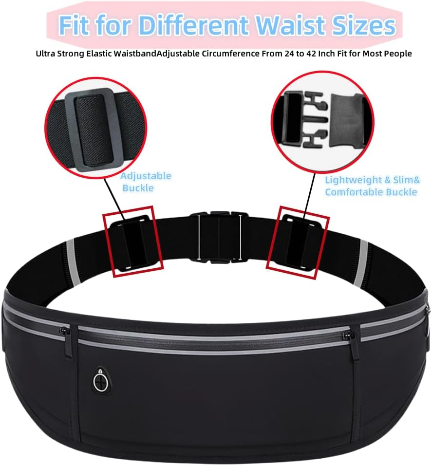 Men'S and Women'S Waist Belts, 3-Pocket Adjustable Reflective Waist Belt, Runner'S Wallet Belt, Suitable for Fitness, Cycling, Walking, Traveling and Outdoor Activities (Black) image number 1