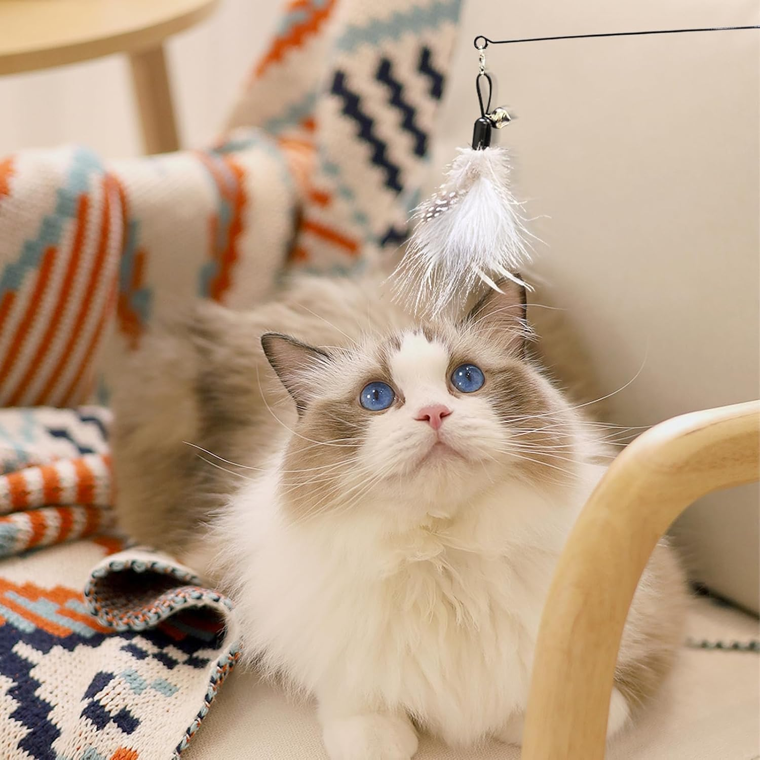 SONGWAY Indoor Cat Teaser - Elastic Cat Teaser + 6 Different Style Interactive Toys, Original Color Spotted Cat Feather Toy image number 2